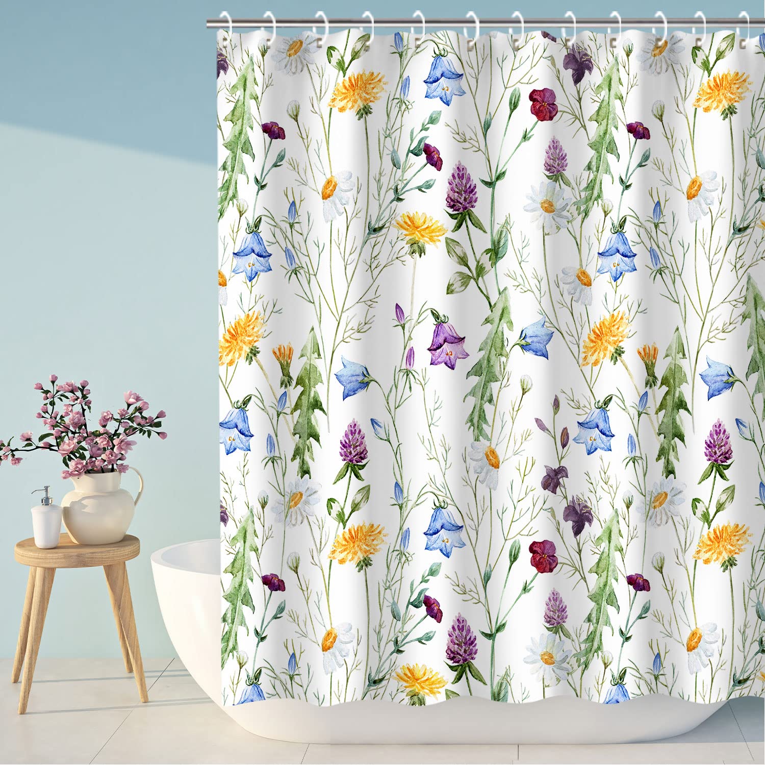 LIVILAN Cortina de ducha floral con flores, cortina de ducha de plantas botánicas para baño, cortina de ducha de hojas verdes y flores silvestres coloridas, 72 x 72 pulgadas