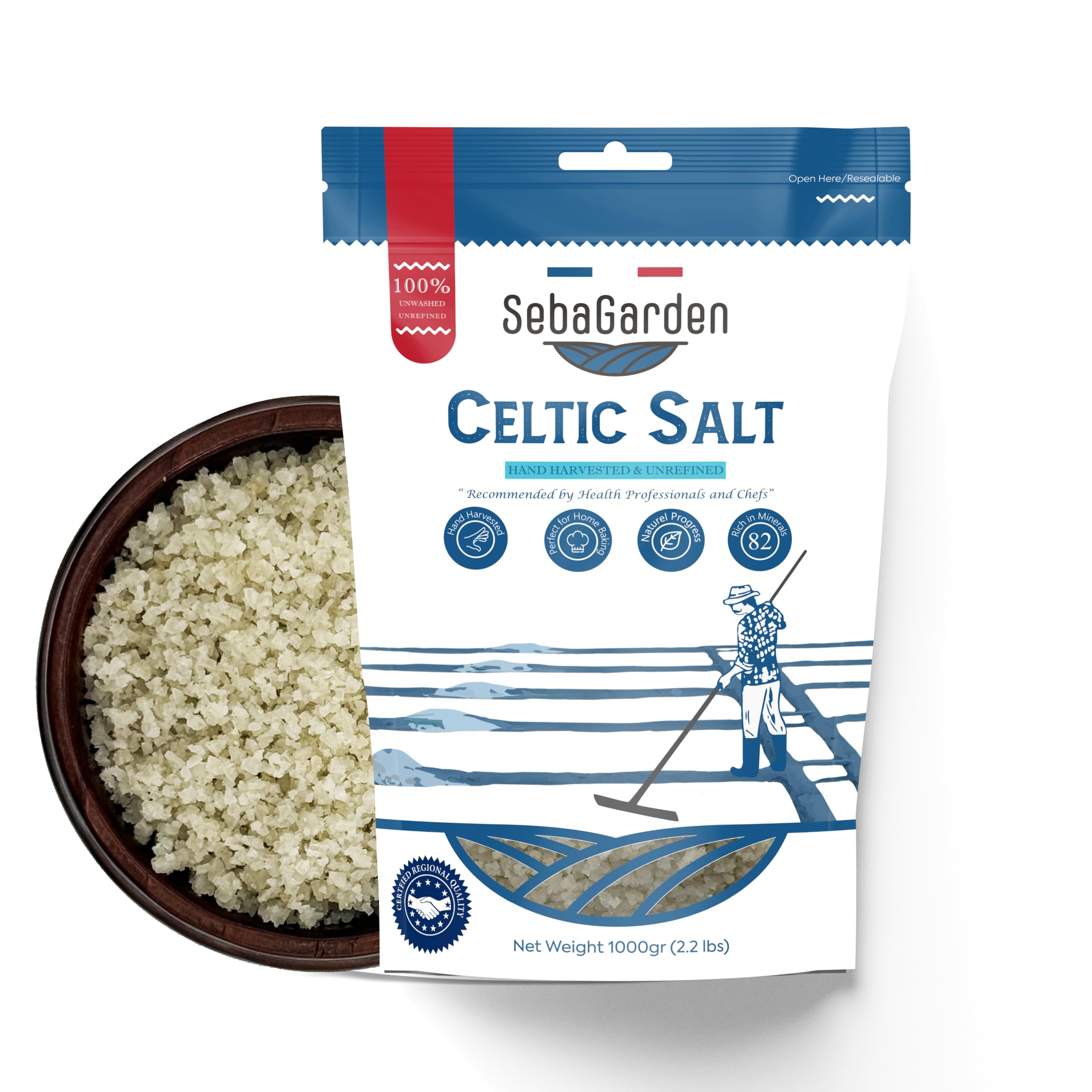 Seba GardenCeltic Sea Salt Grey, 1kg, Award-winner Salt, Certificated Organic Reseallable Bag of Grey Sea Salt, Hand Harvested, Contains Over 82 Essential Minerals