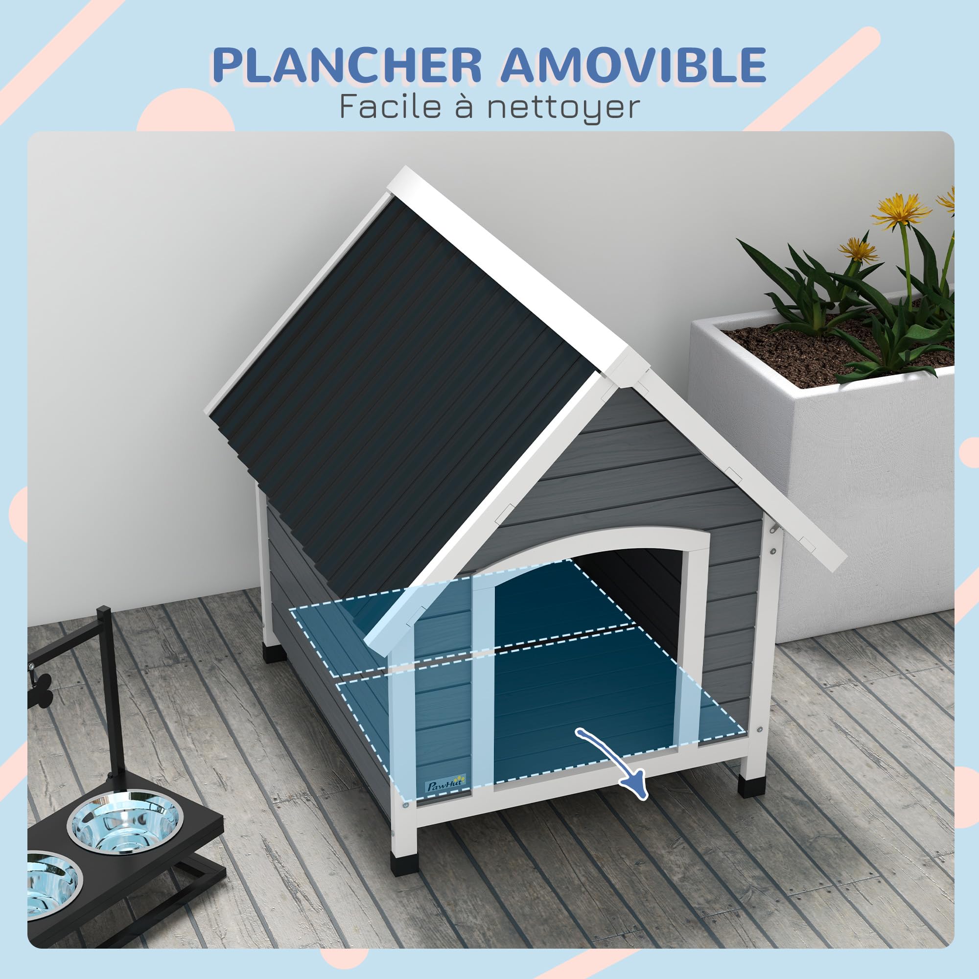 PawHut - Casero de Perro Exterior de Madera, con Suelo extraíble, Patas de plástico Ajustables en Altura, para Perros de tamaño Mediano, 75 x 88 x 82 cm, Color Gris