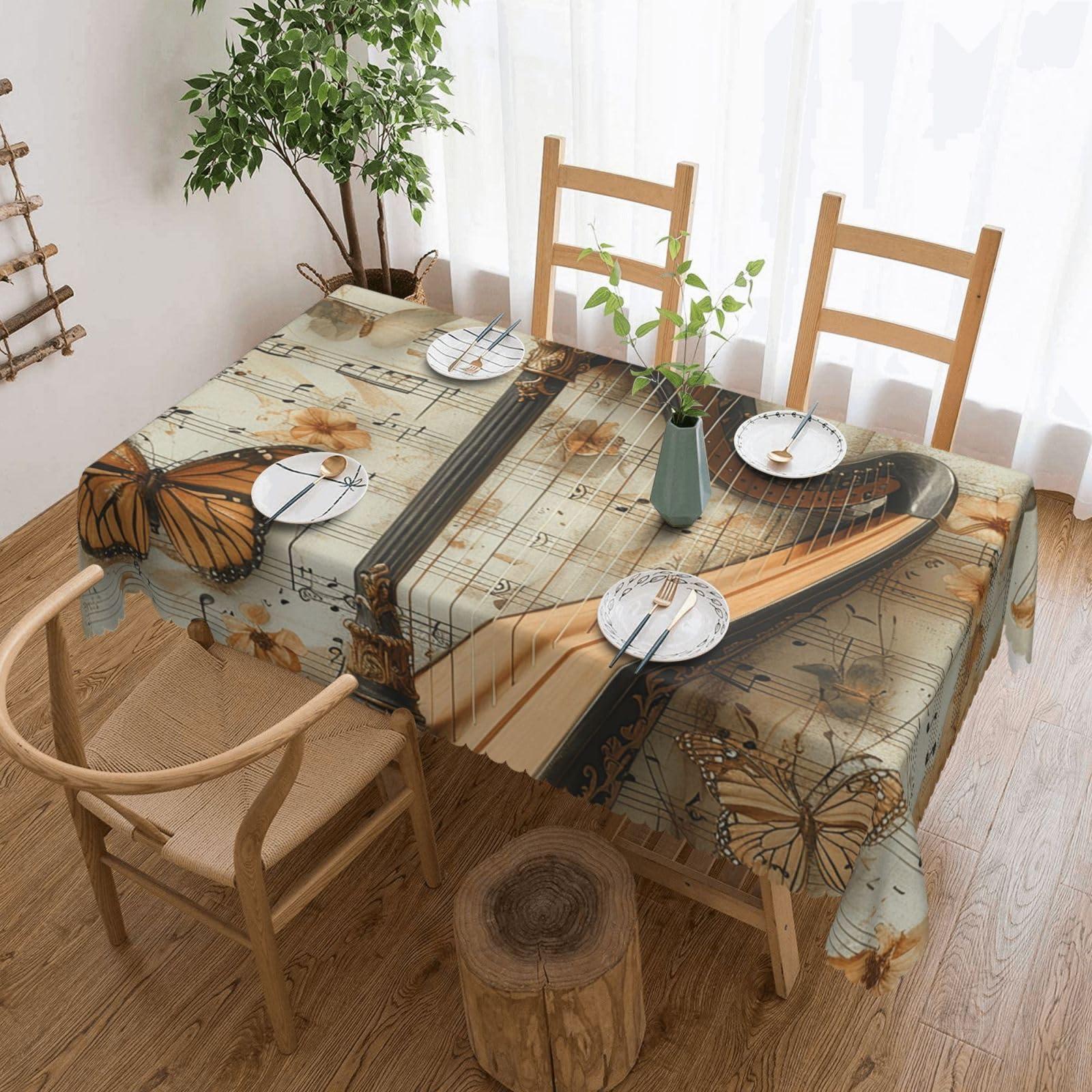 Rectangle Tablecloth 137x183 cm Waterproof Tablecloth for Dining Tables Kitchen Farmhouse Tablecloths Harp and Butterfly Table Cloth Wrinkle Free Table Cover for Dining Buffet Wedding Party