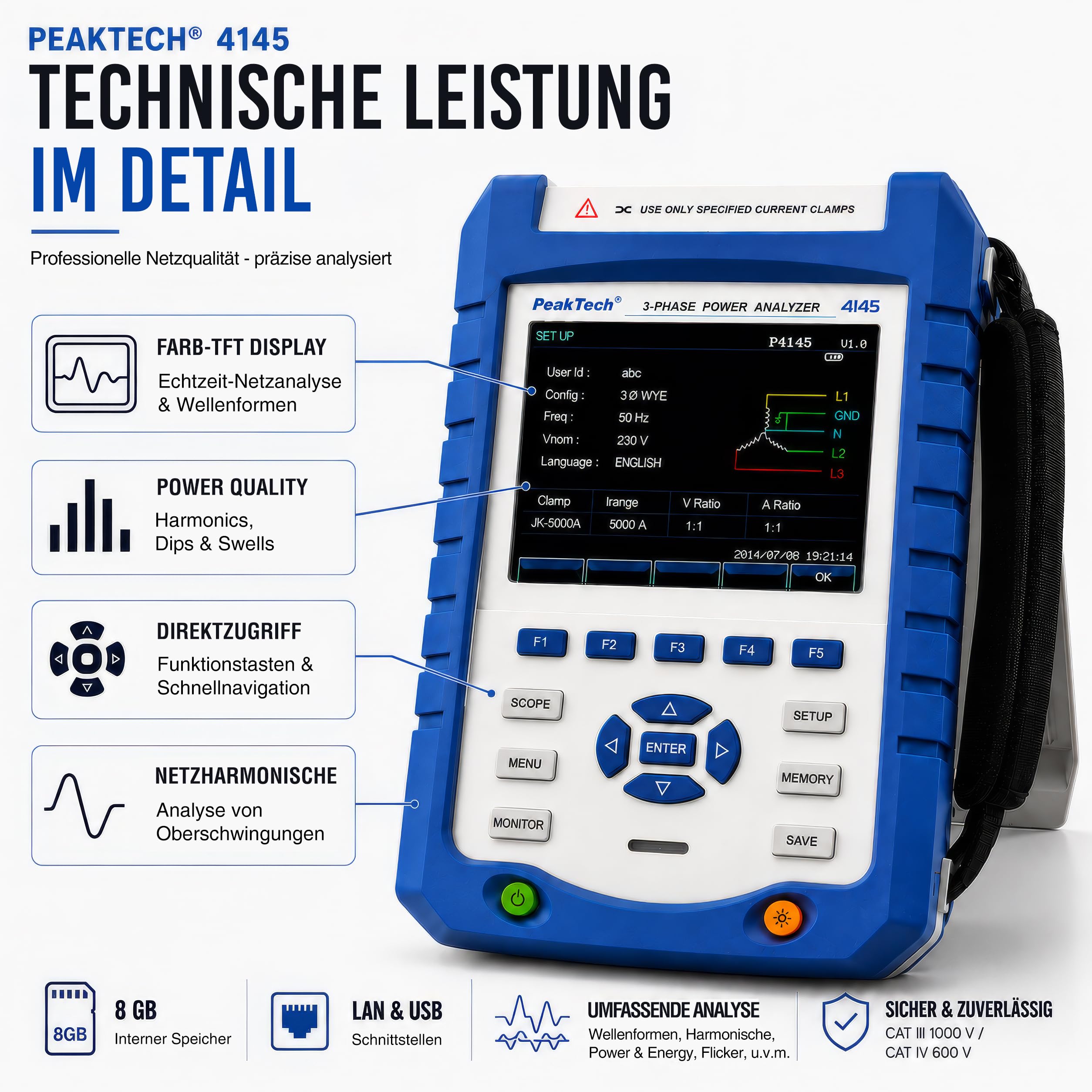 PeakTech P 4145 3-Phasen Leistungsanalysator Netzanalysator LAN USB TFT-Farbdisplay Datenlogger CAT III 1000 V