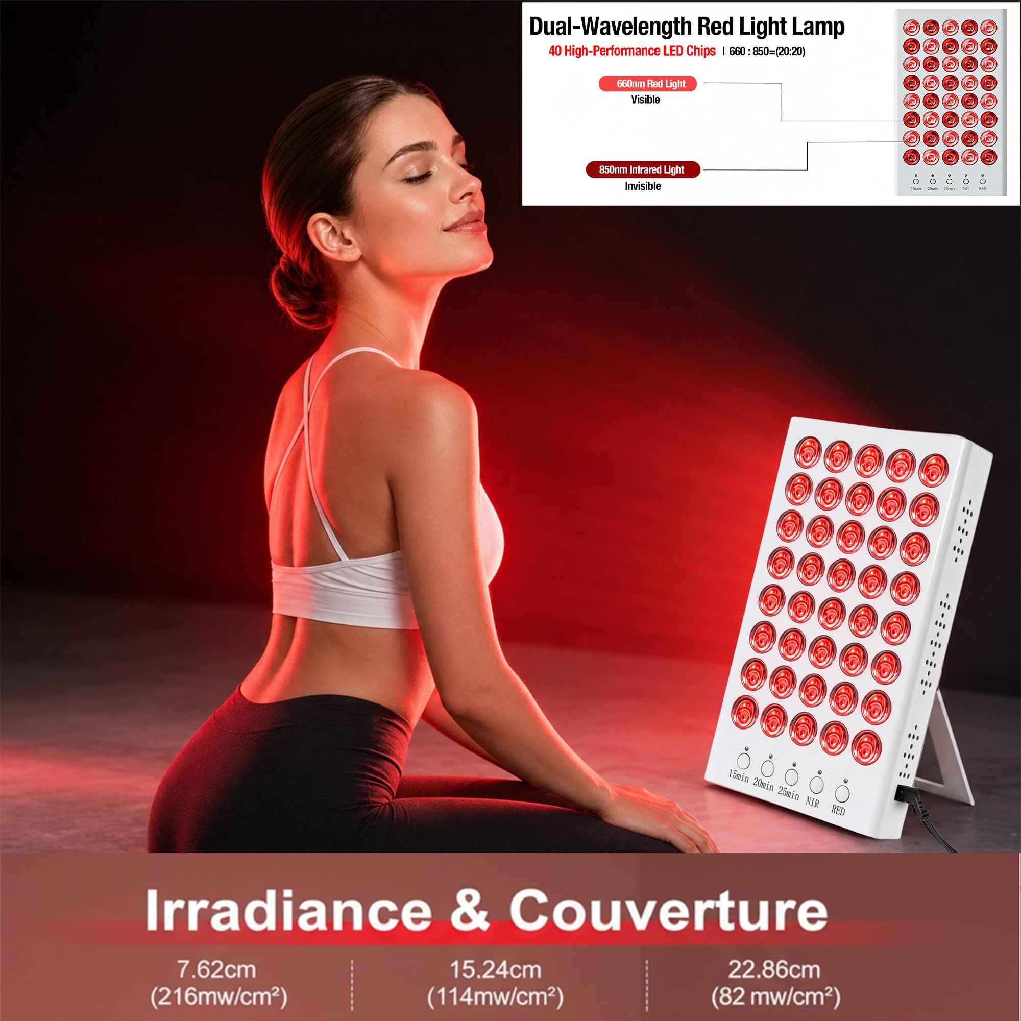 Panneau de luminothérapie rouge et infrarouge, lampe de luminothérapie pour le visage et le corps (660 nm et 850 nm), support ajustable et 3 minuteries pour un usage quotidien