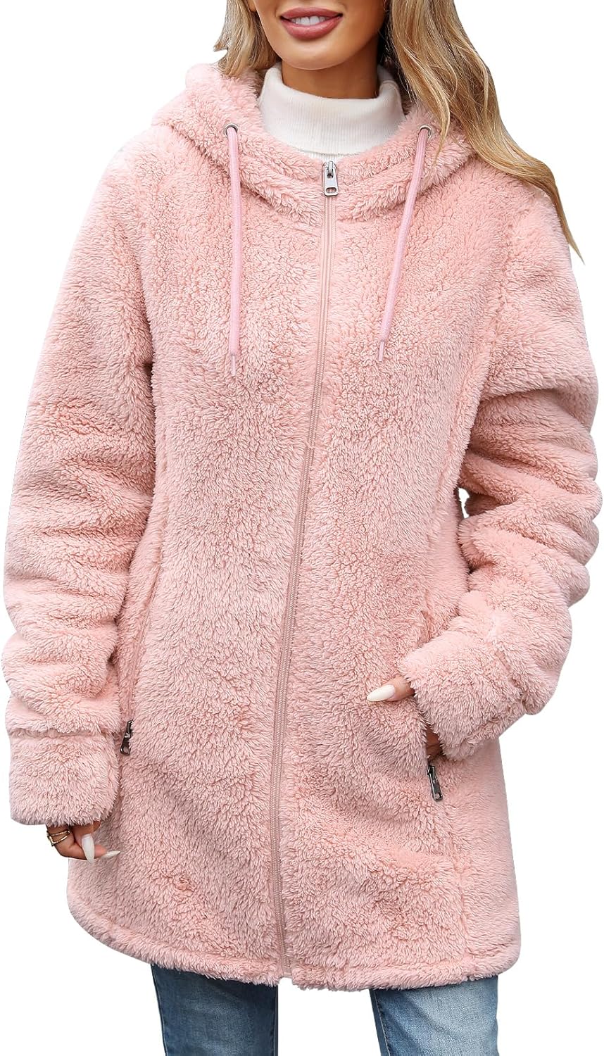 Vancavoo Teddy Fleece Jacket Women Hoodies Ladies Winter Warm Coats Full Zip Fleece Lined Sweatshirt Casual Jumper Outerwear With Pockets