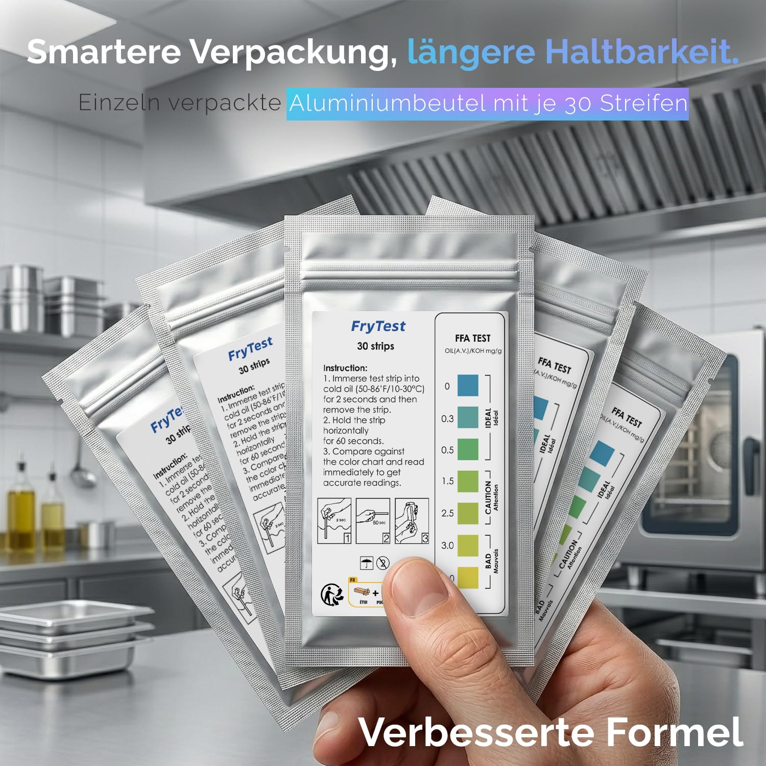 Frittieröl Teststreifen FFA – GRATIS-APP INKLUSIVE – HACCP Qualitätskontrolle – ISO 9001 zertifiziert – 150 Teststreifen – Fritteusen-Öltester Restaurants Profiküche