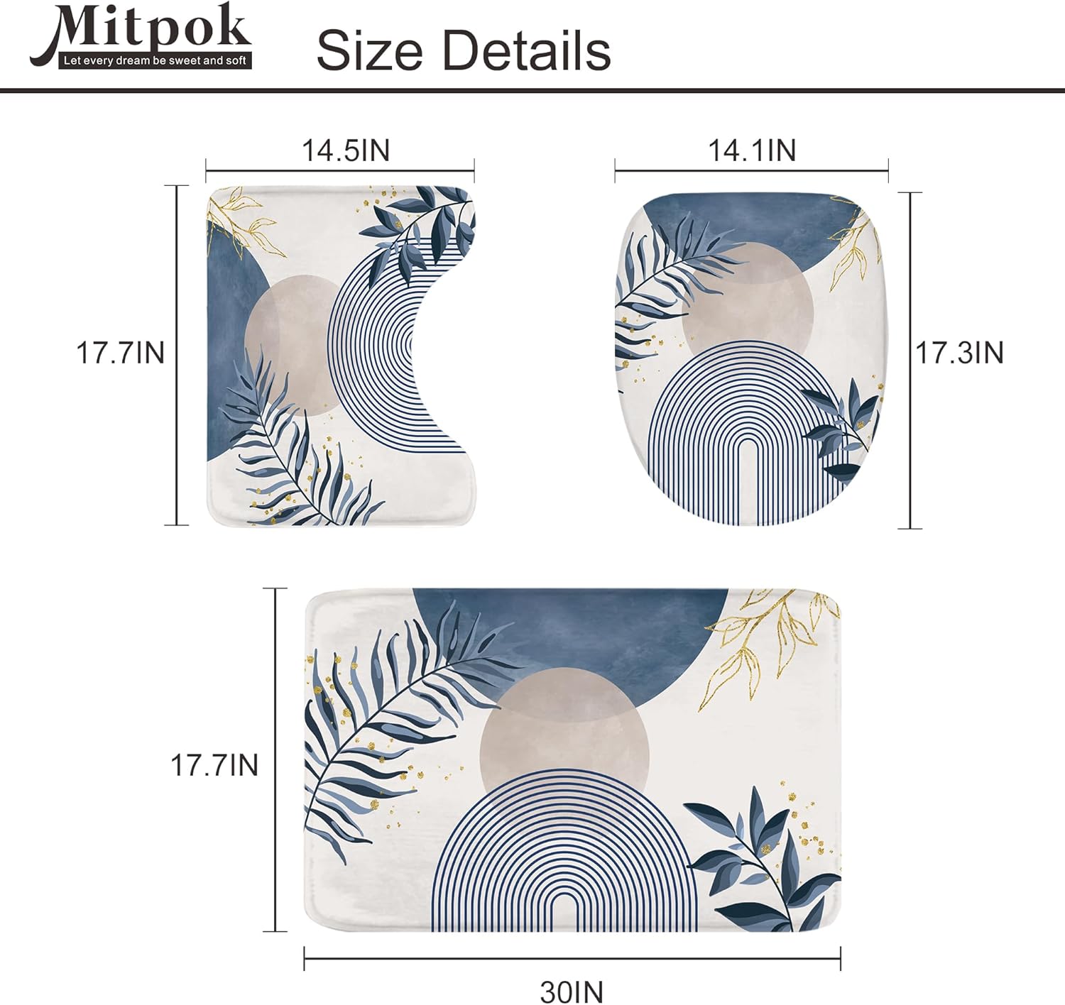 4 PCS Navy Blue Gray Boho 72Wx72H Shower Curtain Set Modern Mid Century Plant Bath Rug Toilet Lid Cover Nonslip U Shape Mat Quick Dry Rubber Backed Dirt Resistant Accessories Bathroom Decor