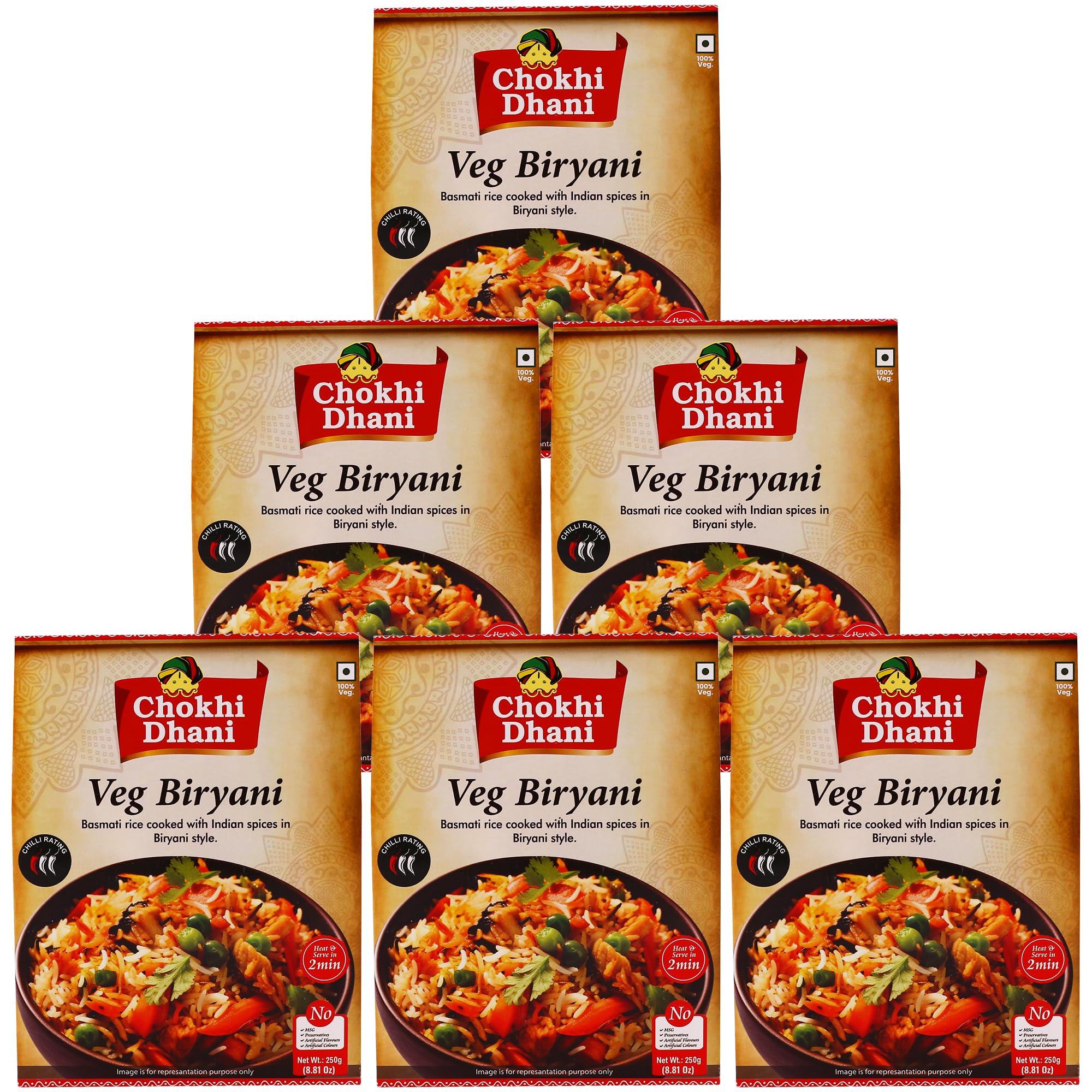 Chokhi Dhani Veg Biryani | Ready to Eat Meals | Just Heat & Eat | Microwave | Stove Top or Hot Water | Ready in 2 Minutes | Pack of 6, 250 gm