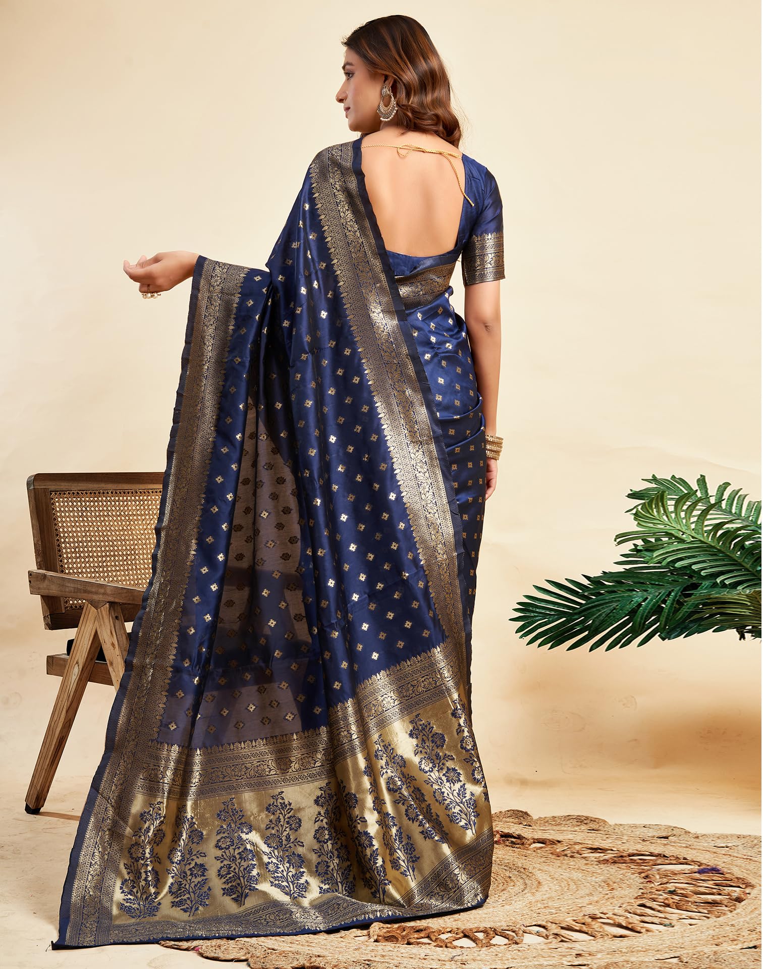 SIRIL Women's Soft Silk Saree | Banarasi Silk Sari | Jacquard Zari Work Saree With Unstitched Blouse Piece (4051S576_Navy Blue) - Image 5 thumbnail