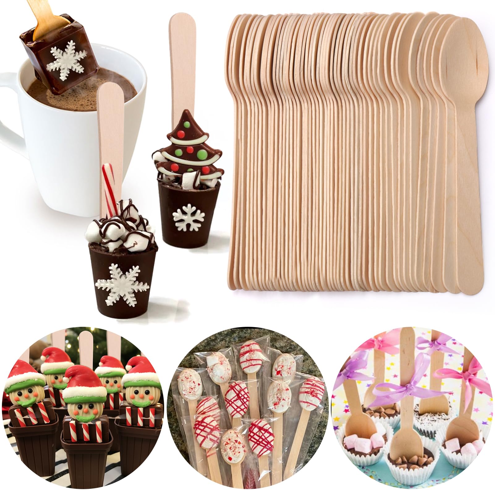 Hot Chocolate Bar Stirring Spoons Making Supplies, 50 Pcs Disposable Wooden Marshmallow Spoons for Hot Cocoa Candy Baking