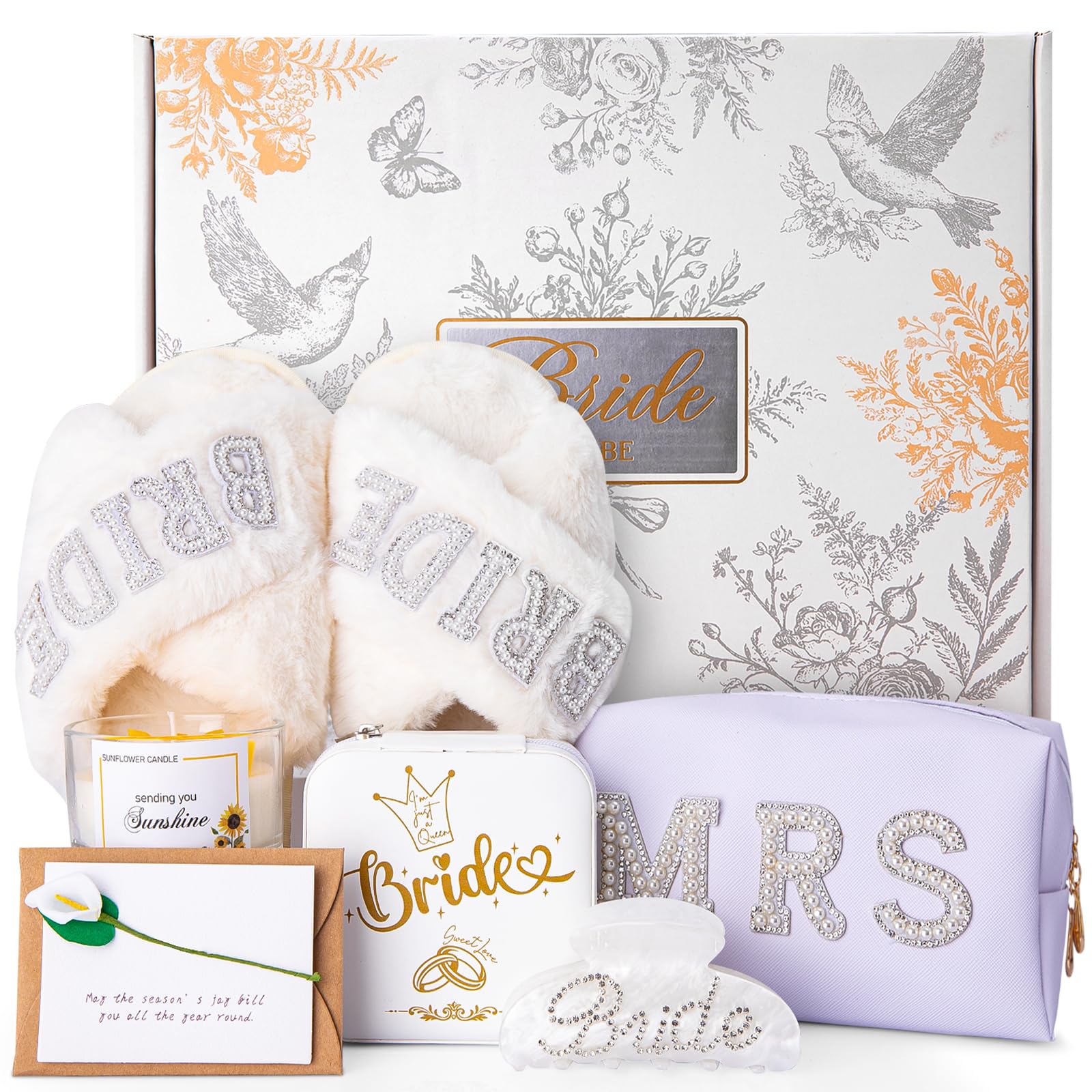 Bridal Shower Gifts - Bride Gifts - Wedding Engagement Bachelorette Gift for Bride To Be - 7PCS Gift Set Fuzzy Slippers Makeup Bag Jewelry Box Hair Claw Clip Candle Greeting Card with Gift Box-image-8