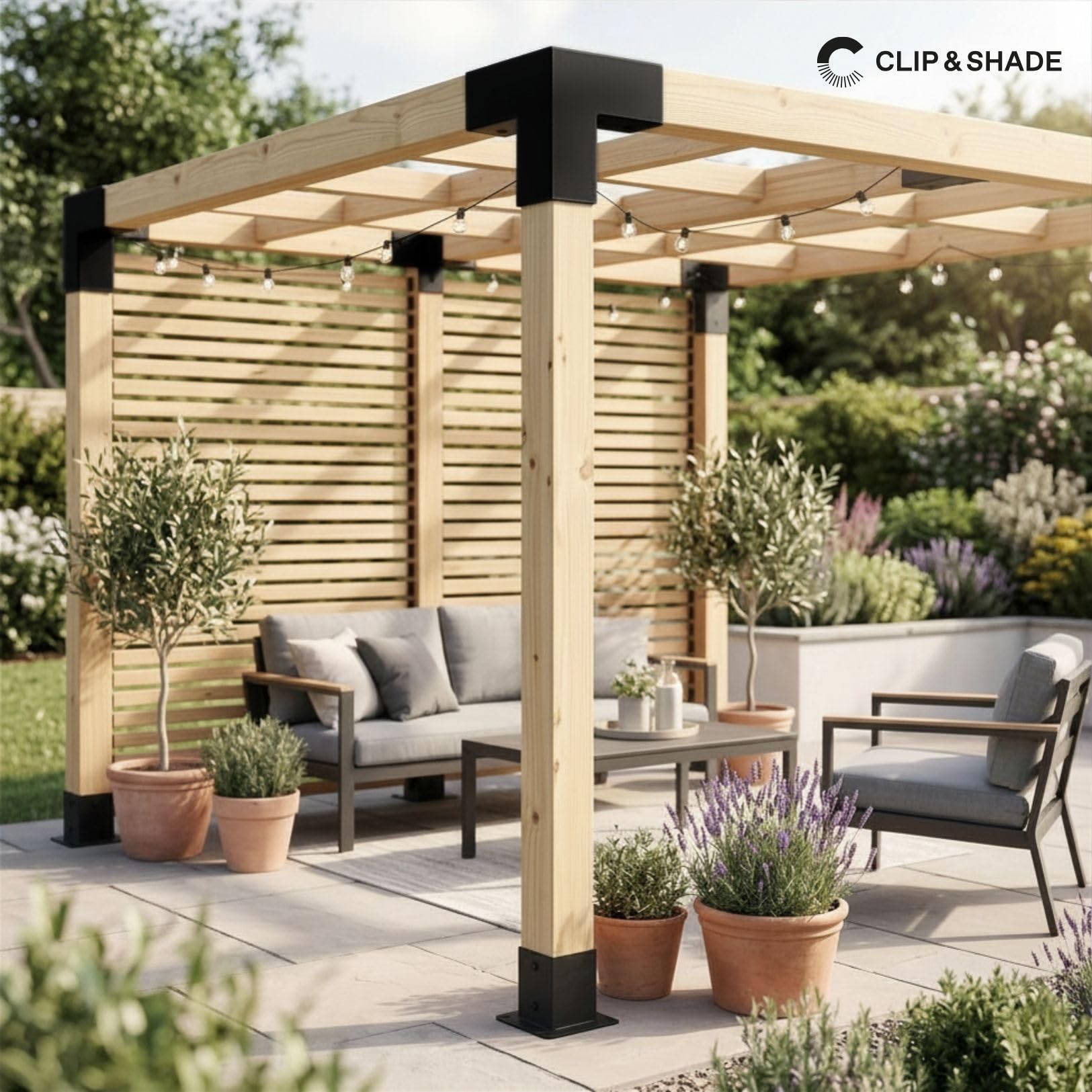 CLIP & SHADE - Juego de 4 soportes para postes de madera, 100 x 100 cm, conector de esquina en L de 2 vías para postes de madera, zapatos de vigas 10 x 10, galvanizado y recubierto de polvo, conector