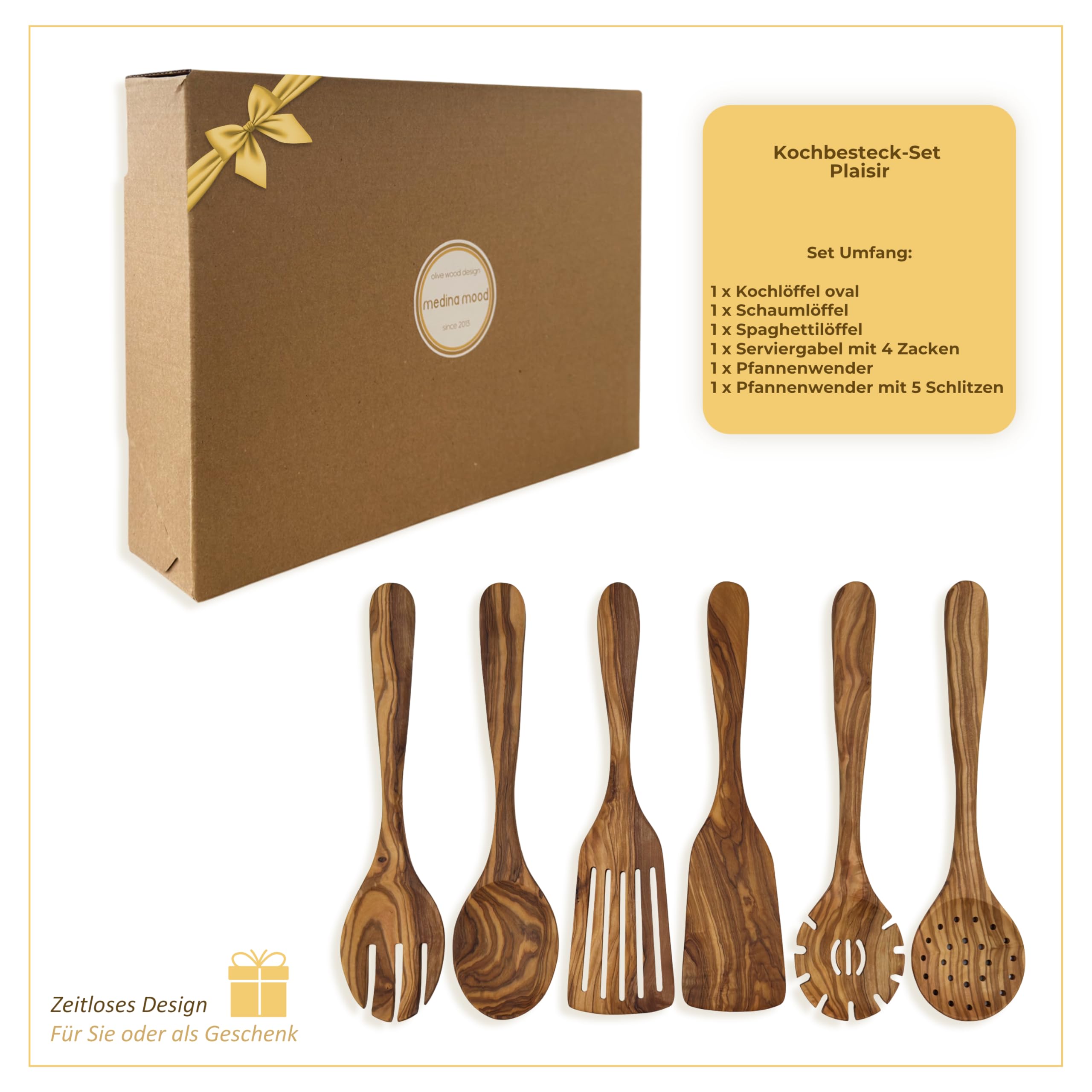 Kochbesteck-Set „Plaisir“ aus Olivenholz – 6-teilig, 30 cm, handgefertigte Küchenhelfer & Küchenaccessoire.