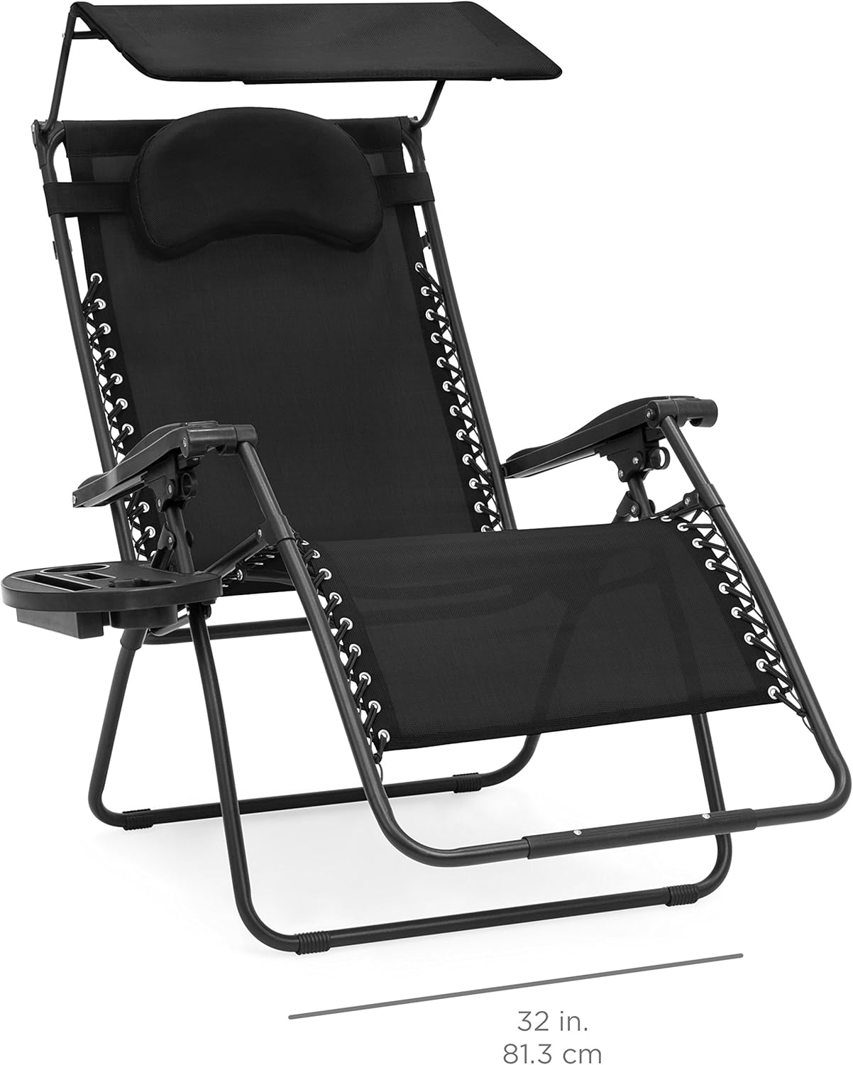 Best Choice Products Oversized Steel Mesh Zero Gravity Reclining Lounge Patio Chair w/Folding Canopy Shade and Cup Holder, Black