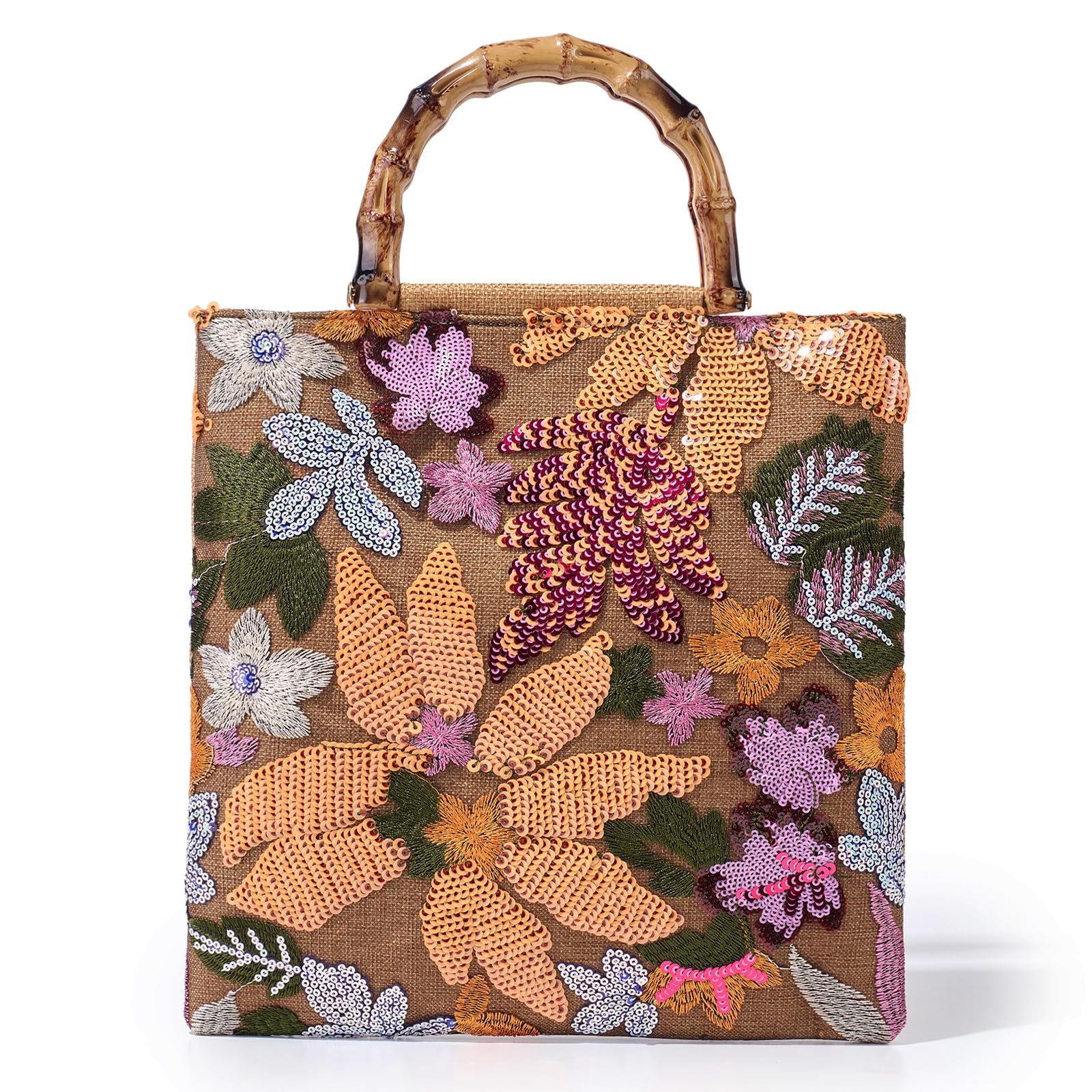 Sequin Embroidered Tote Bag Floral Top Handbag Beaded Clutch Evening Purses