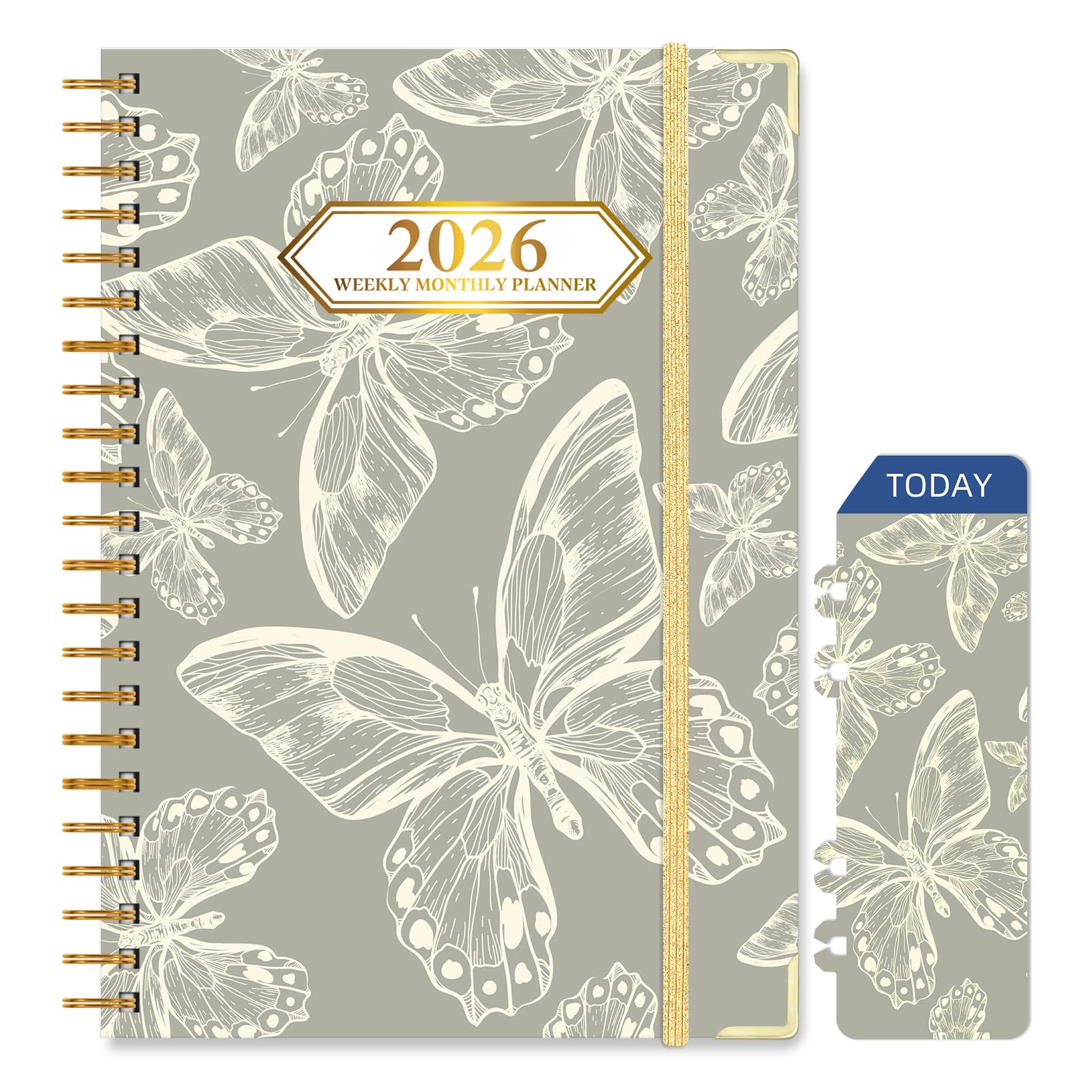 Knagsfa 2026 Planner, Jan.2026 - Dec.2026 Planner Weekly and Monthly 6.25"x8.5" with Page Tabs, Calendar Hardcover with Inner Pocket, Elastic Band, Twin-Wire Binding, Bookmark, Gray Butterfly