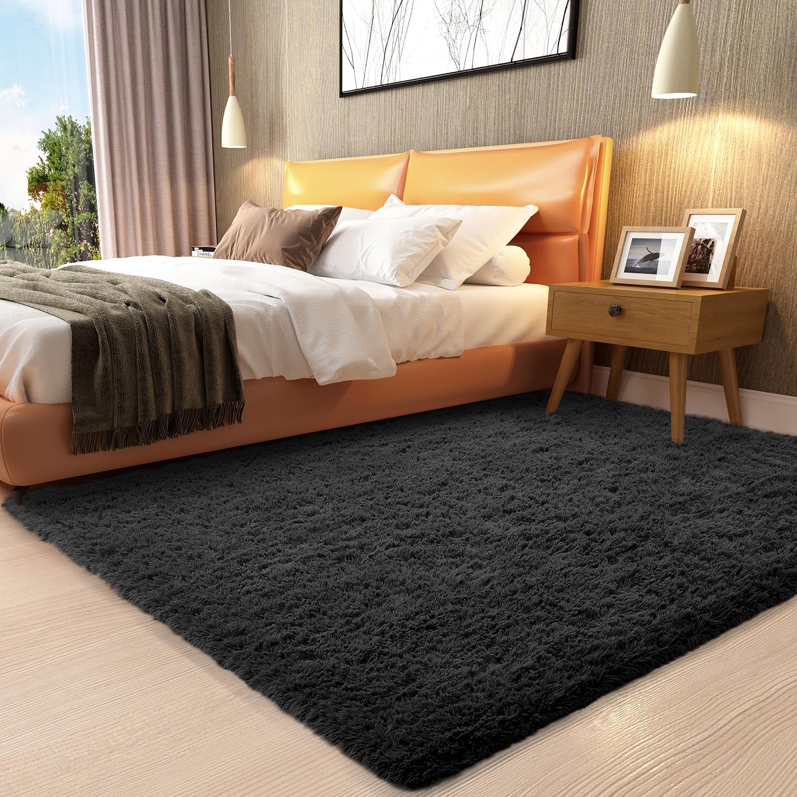 ophanie 3x5 black rugs for college dorm, bedroom small area rug, non-slip fluffy shaggy bedside soft shag fuzzy plush carpet for kids boys teen home decor aesthetic, nursery