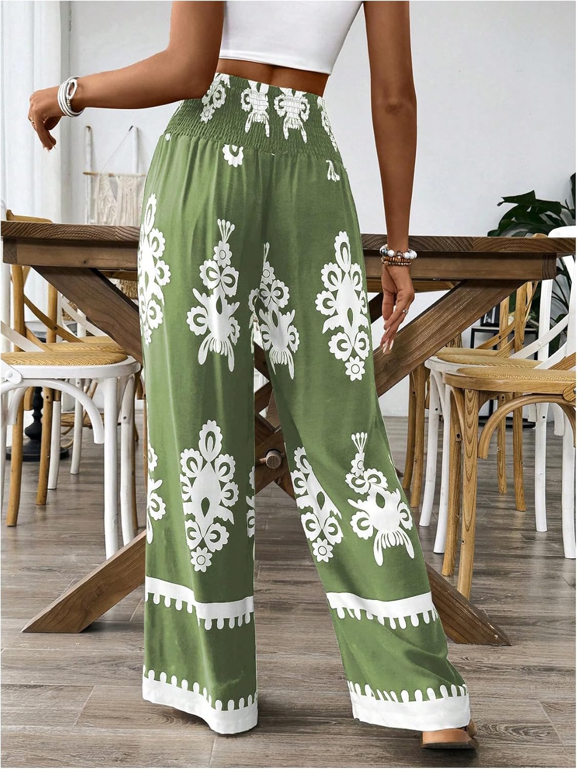 WDIRARA Women's Boho Floral Print Wide Leg Pants Smocked Drawstring High Waisted Trousers - Image 2