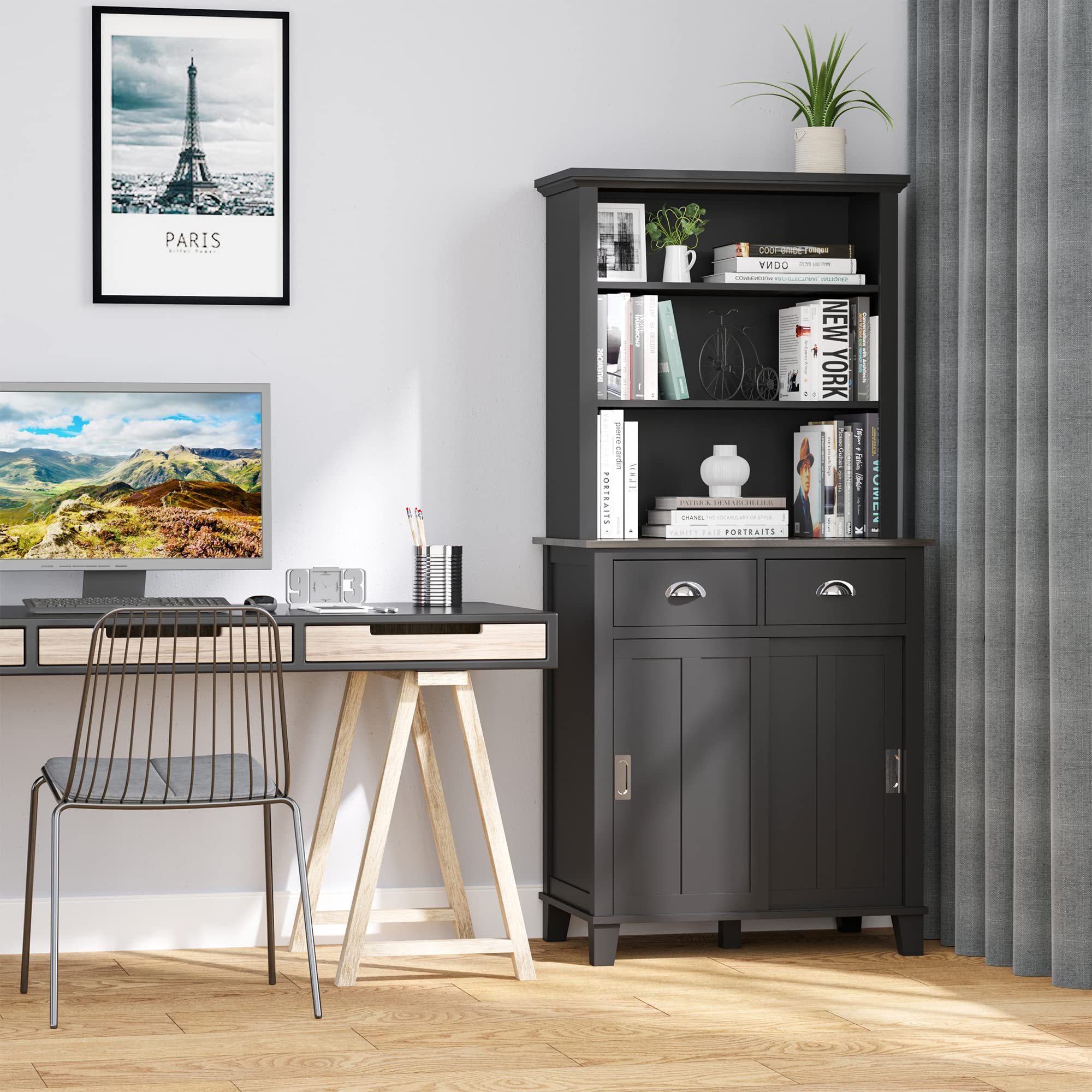 67" Freestanding Buffet with Hutch, Kitchen Cupboard Storage