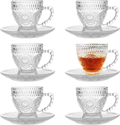 Juego de 6 tazas de té y platillos de cristal, tazas de café vintage, juego de tazas de té para café expreso, capuchino, café con leche, apto para