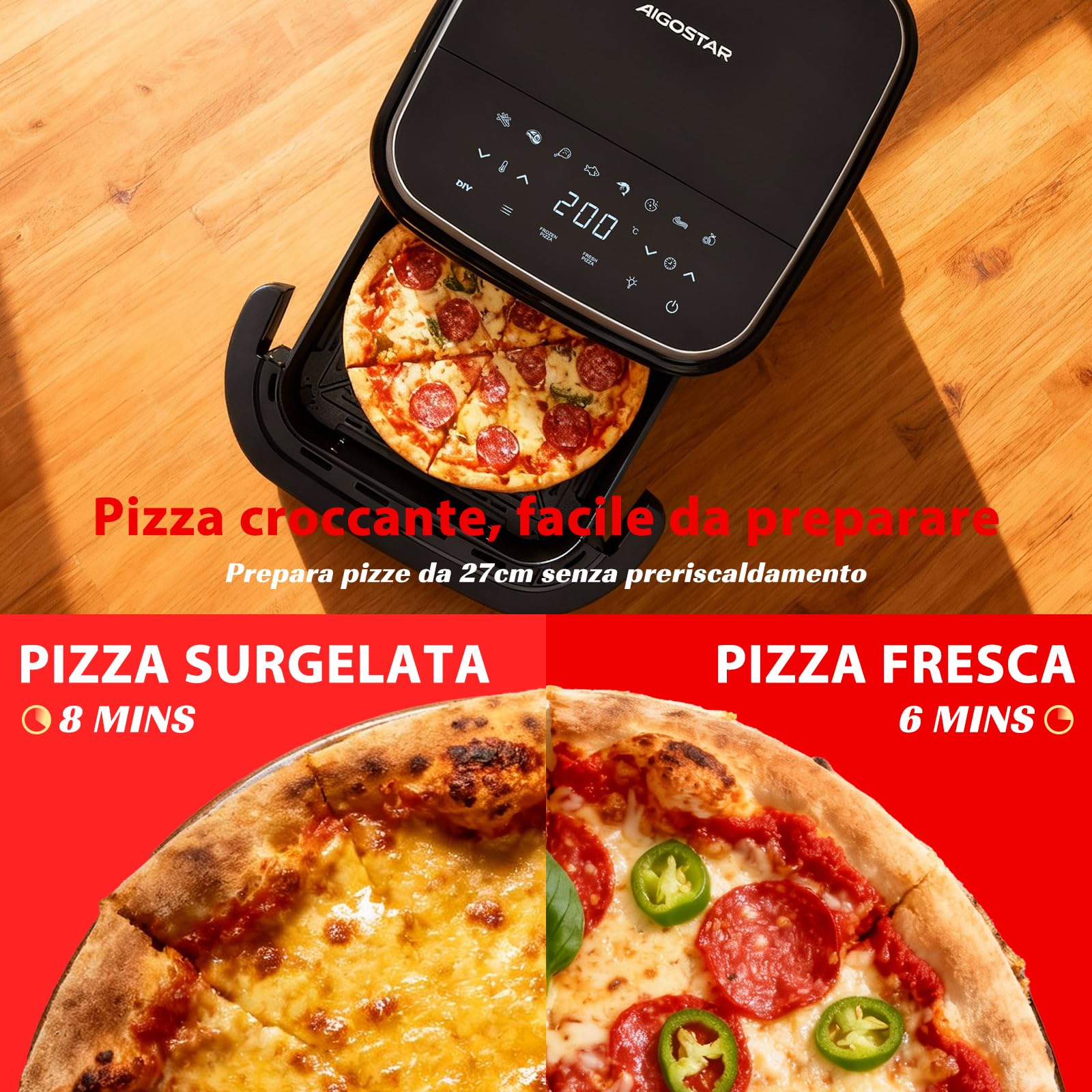 Aigostar Friggitrice ad Aria XXL 745cm² Surface, 2200W Silenzioso Extra-Crisp Technologie + Doppia Resistenza, 11 Programmi (Pizza Surgelata), Touchscreen, Finestra Illuminata, Interno Metallico, Nero
