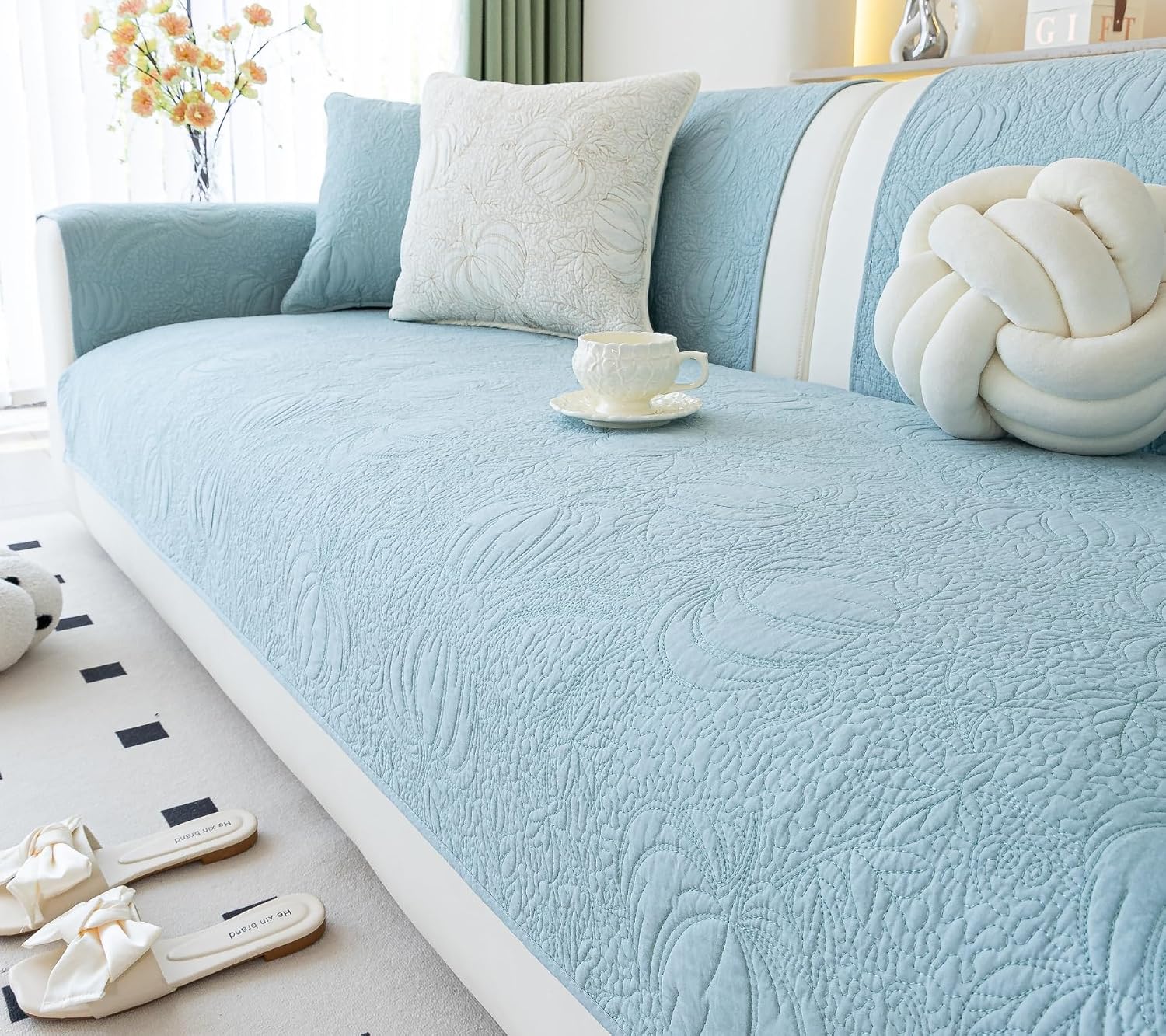 Pumpkin Quilted Sectional Couch Cover Luxury Cotton Embroidery Sofa Cover Farmhouse Seat Cushion Cover Anti-Slip Sofa Slipcovers Furniture Protector for Dogs Cats (Blue,28"x47")