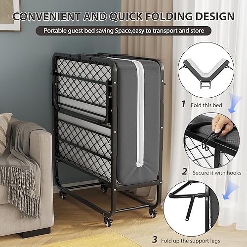 Miniatura 8 de DICTAC Cama plegable de 75 x 38 pulgadas, cama plegable portátil con colchón de espuma viscoelástica de 5 pulgadas, cama plegable con ruedas y