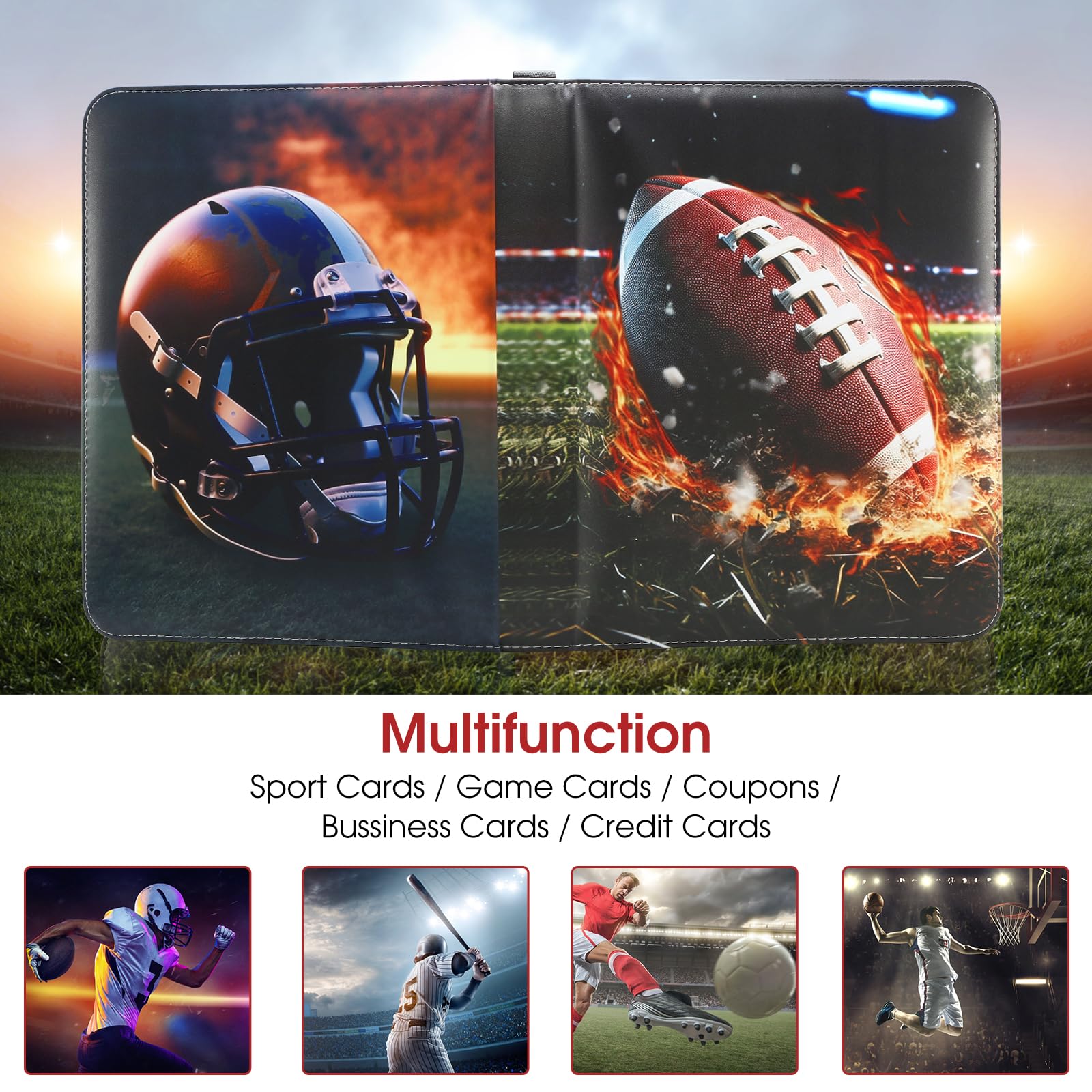 Lot de 900 classeurs de cartes de football à 9 poches, 50 pages, double face, fermeture éclair, 3 anneaux, protection pour cartes de football