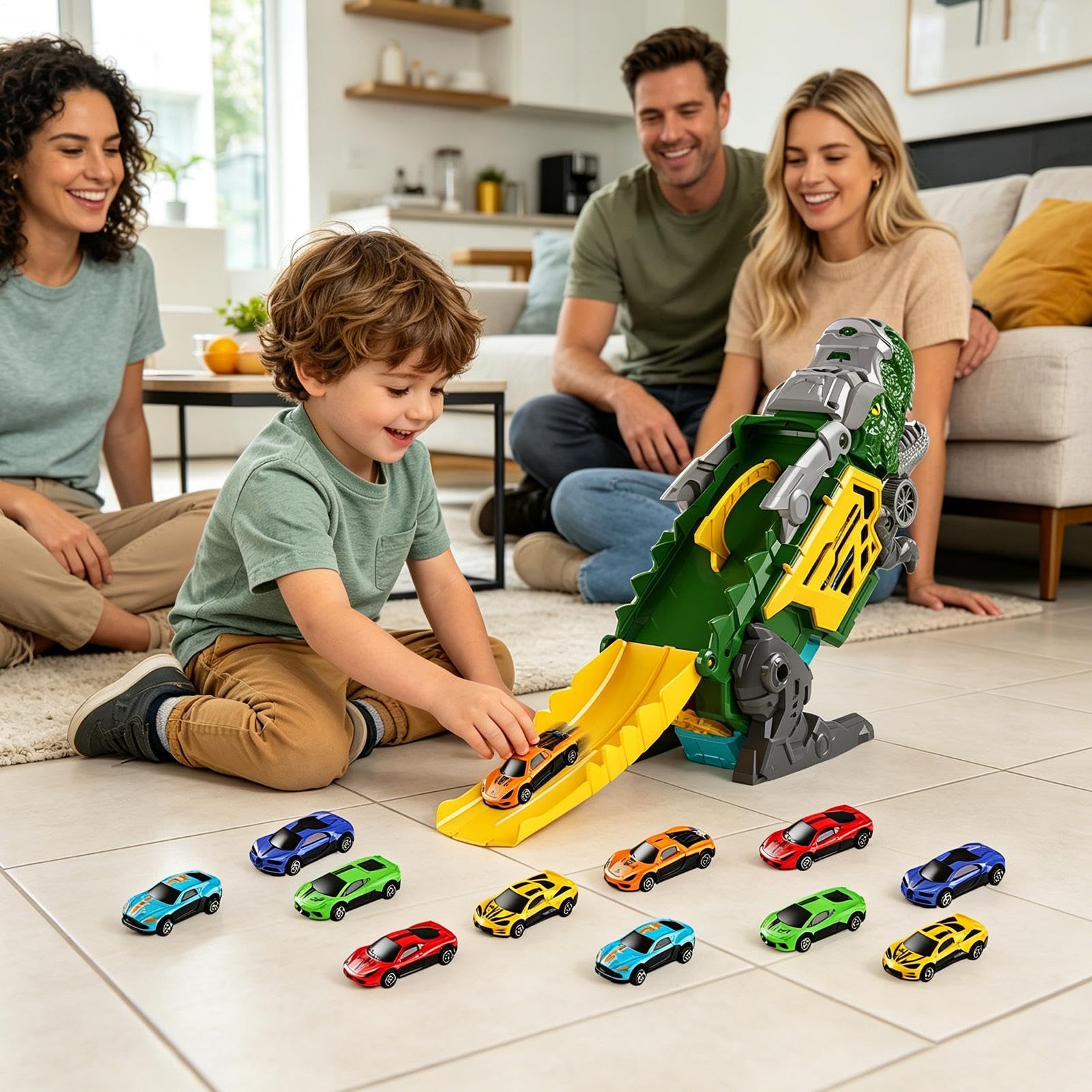 Camión de Dinosaurio con Coches 12 Coches en Miniatura con Pista Doble