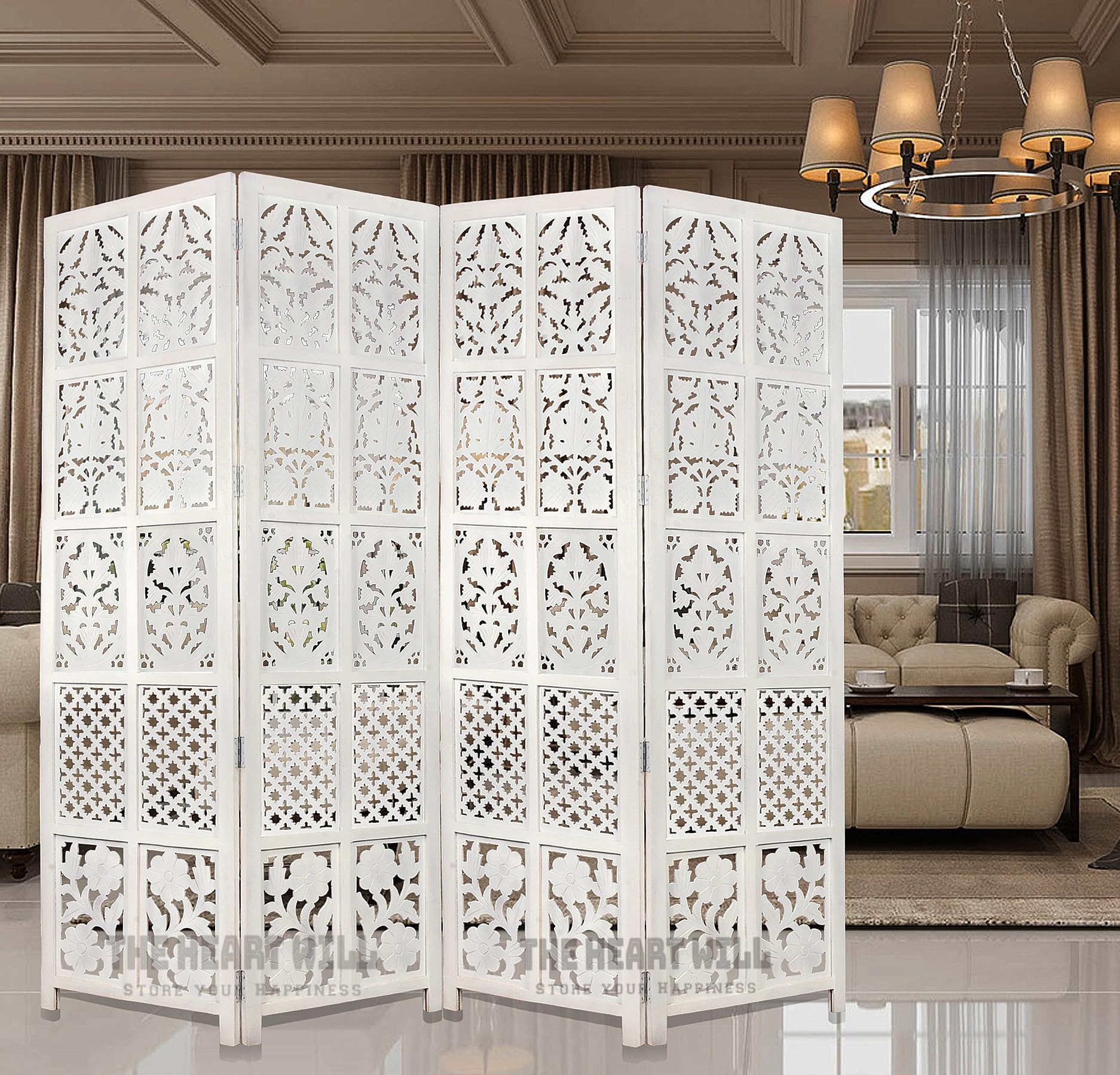 THEHEARTWILL® Wooden Partition for Living Room/Partition Wall Divider for Living Room/Room Partitions and Dividers/Wooden Partition for Pooja Room,Bedroom,Kitchen. (White (4 Panels)) (B0D7SLW7WD) Amazon Price History, Amazon Price Tracker