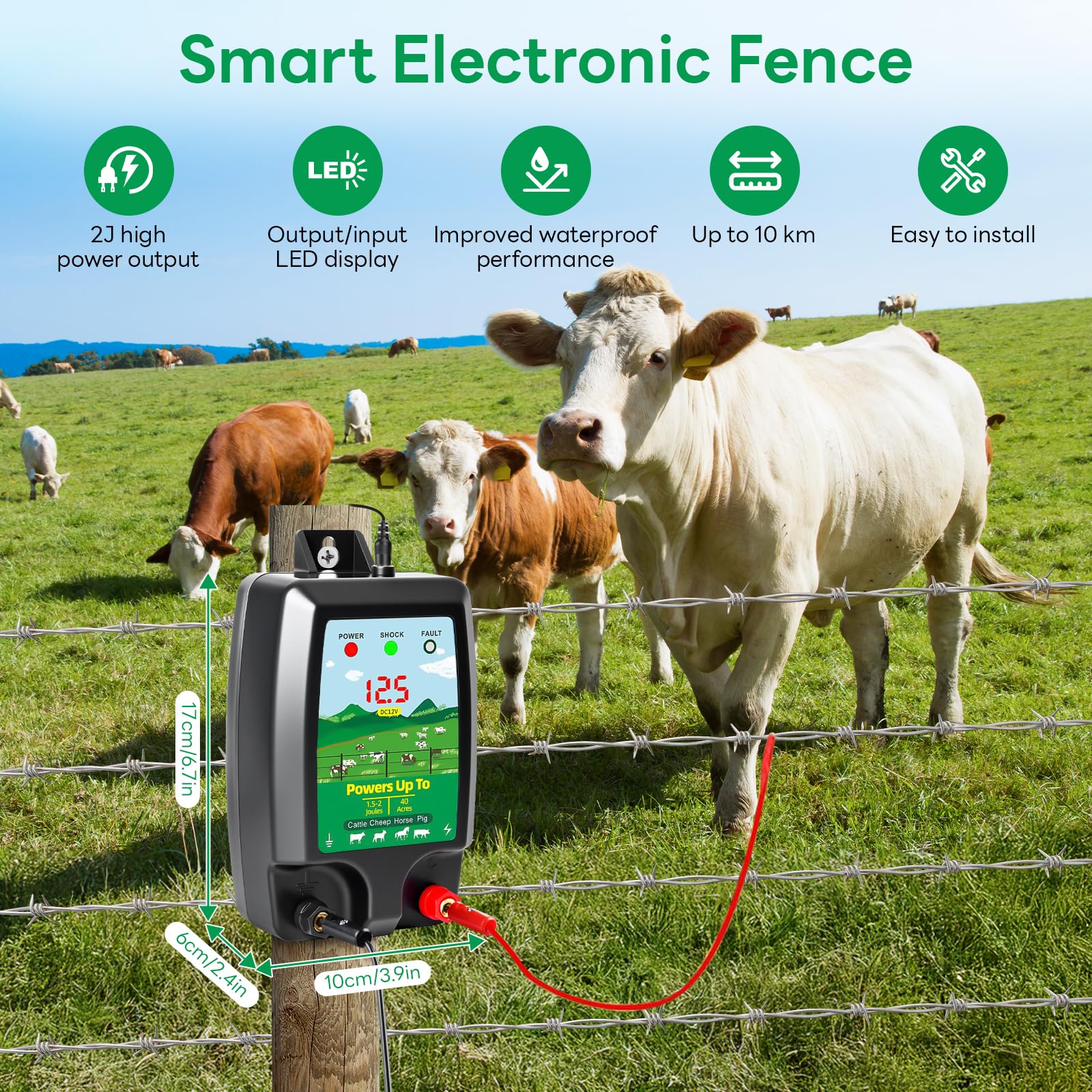 Dispositivo de cerca eléctrica de 12 V con pantalla LED, alcance 10 km, 2 julios, 12 kV, para proteger animales de granja, aves de corral, pastos y jardines