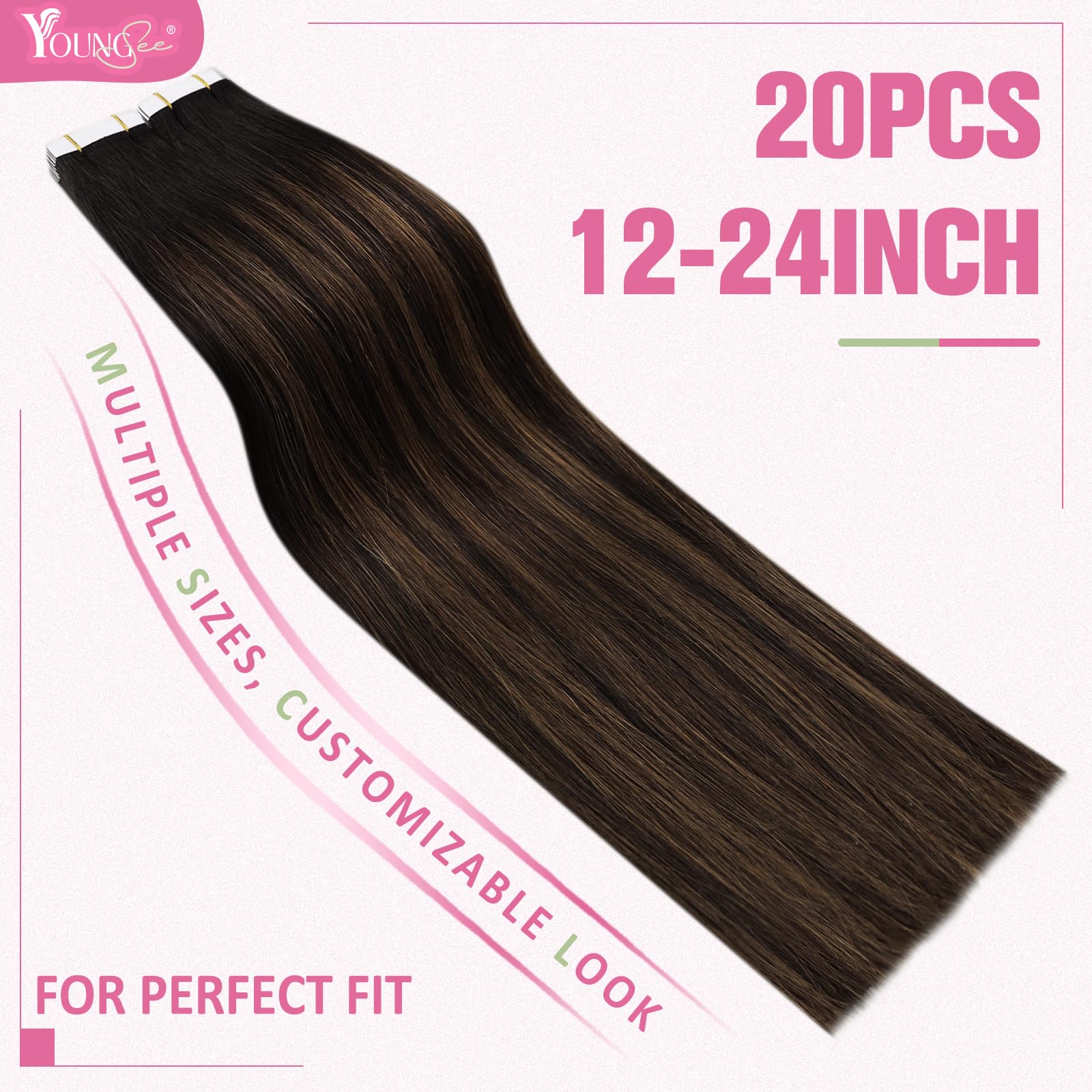 YoungSee Tape in Hair Extensions Human Hair Dark Brown Ombre Medium Brown - Image 3
