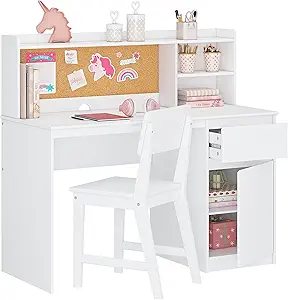 UTEX Kids Study Desk with Chair, Kids Desk and Chair Sets with Hutch and Storage Cabinet, Wooden Children Study Table, Student Writing Table Computer Workstation for 5-12 Years Old