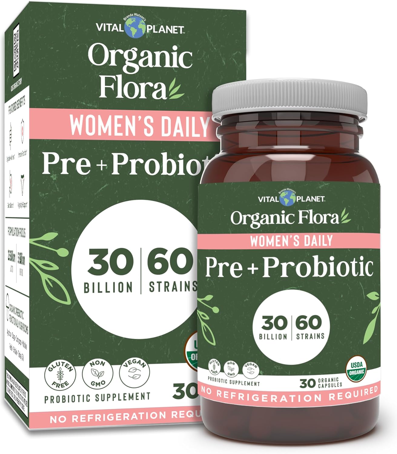 Vital Planet - Organic Flora Probiotics for Women, Women's Daily Shelf Stable Probiotic 30 Billion CFU, 60 Diverse Strains, Prebiotic Organic Mushroom Blend, Immune and Digestive Health 30 Capsules