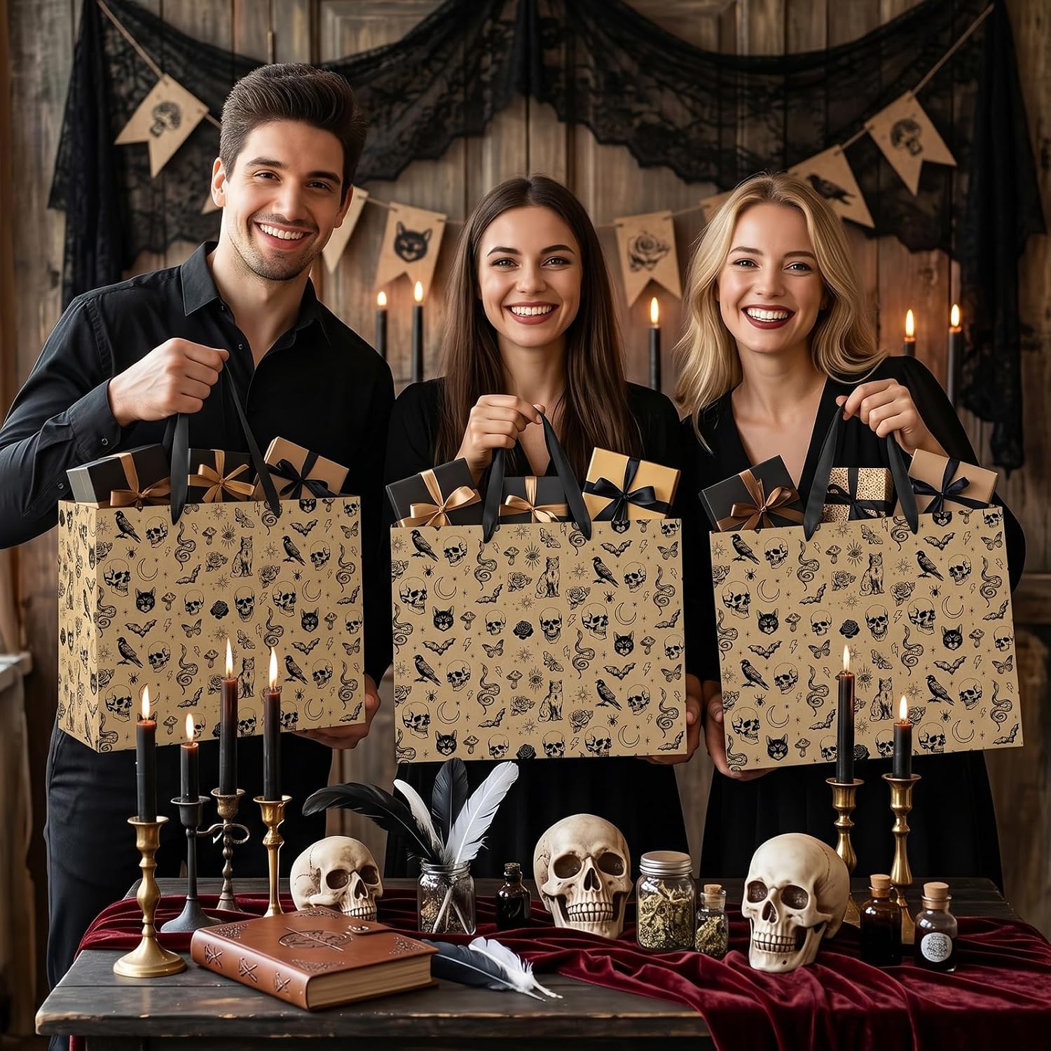 Vintage Gothic Birthday Gift Bag with Tissue Paper Card Gothic Wrapping Paper Brown Goth Skeleton Skull Gift Bag Funny Goth Party Favors Spooky Birthday Party Decorations Supplies for Women Men (brown) image 2