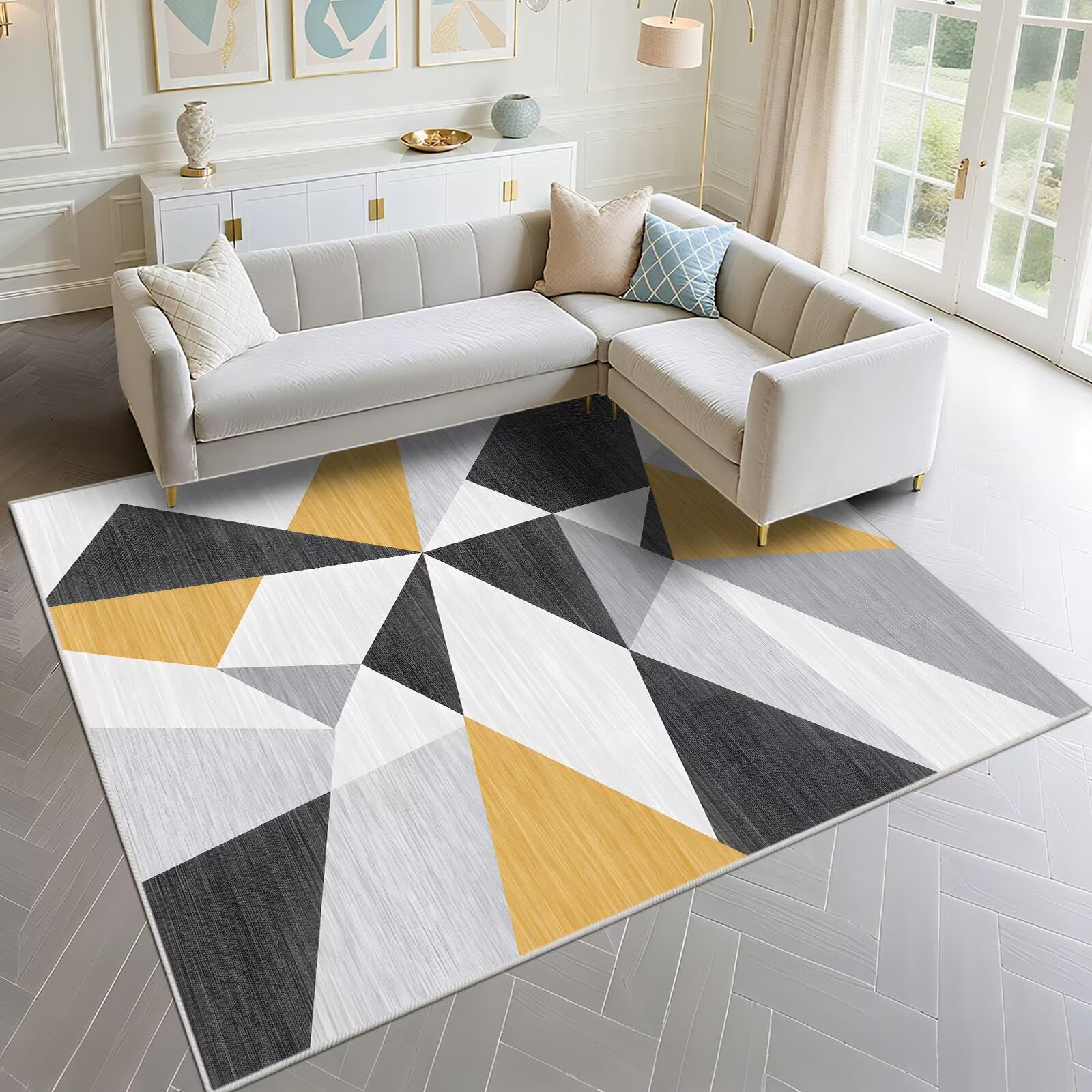 Tapis pour bureau et entrée 100x160cm géométrique jaune et gris