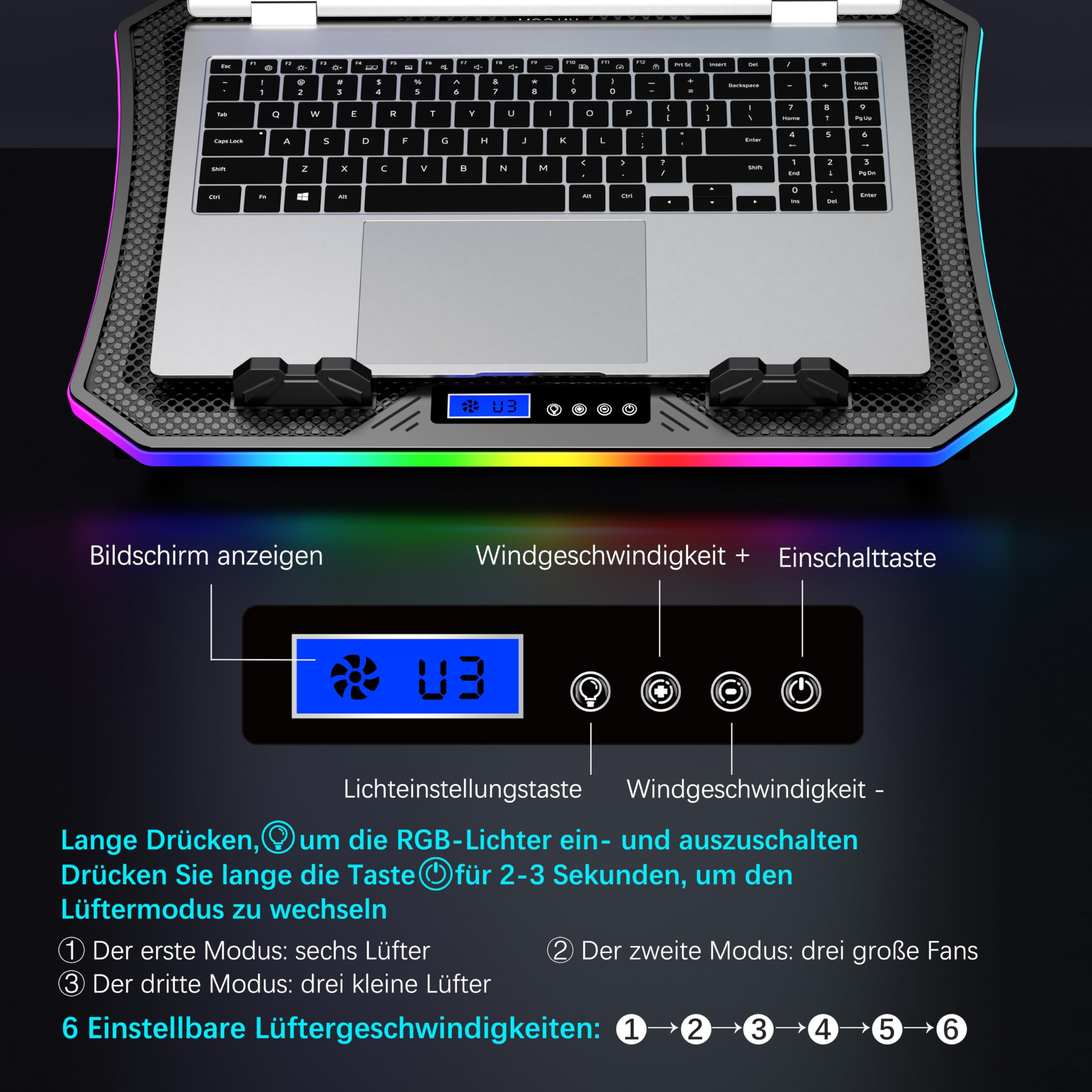 Laptop Kühler RGB Gaming Notebook Kühlpads für Schreibtisch und Schoß, MOOJAY Laptop Lüfter Ständer 8 Höhenverstellbar mit 8 Leisen Lüfter+Handyständer, für 15,6-17,3 Zoll Laptop - Blau LED Licht