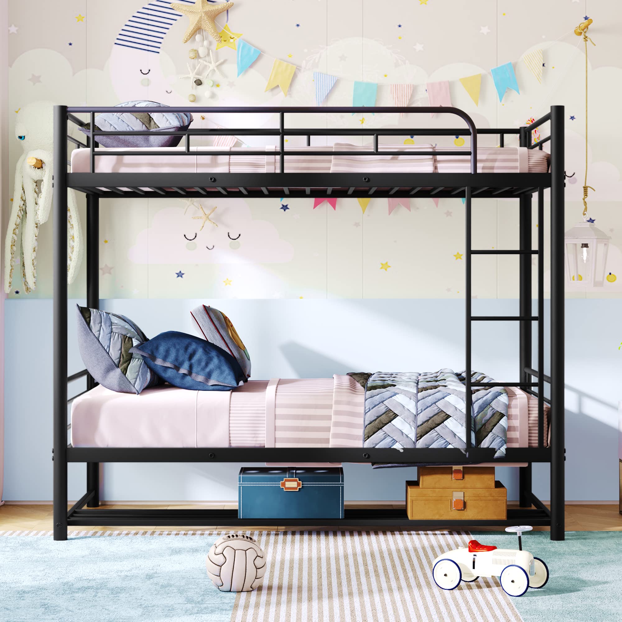 Amazon.com: Harper & Bright Designs Metal Bunk Bed Twin Over Twin, Heavy  Duty Twin Bunk Beds with Storage Shelf and Slatted Support for  Junior,Adults,No Box Spring Needed(Twin, Black) : Home & Kitchen