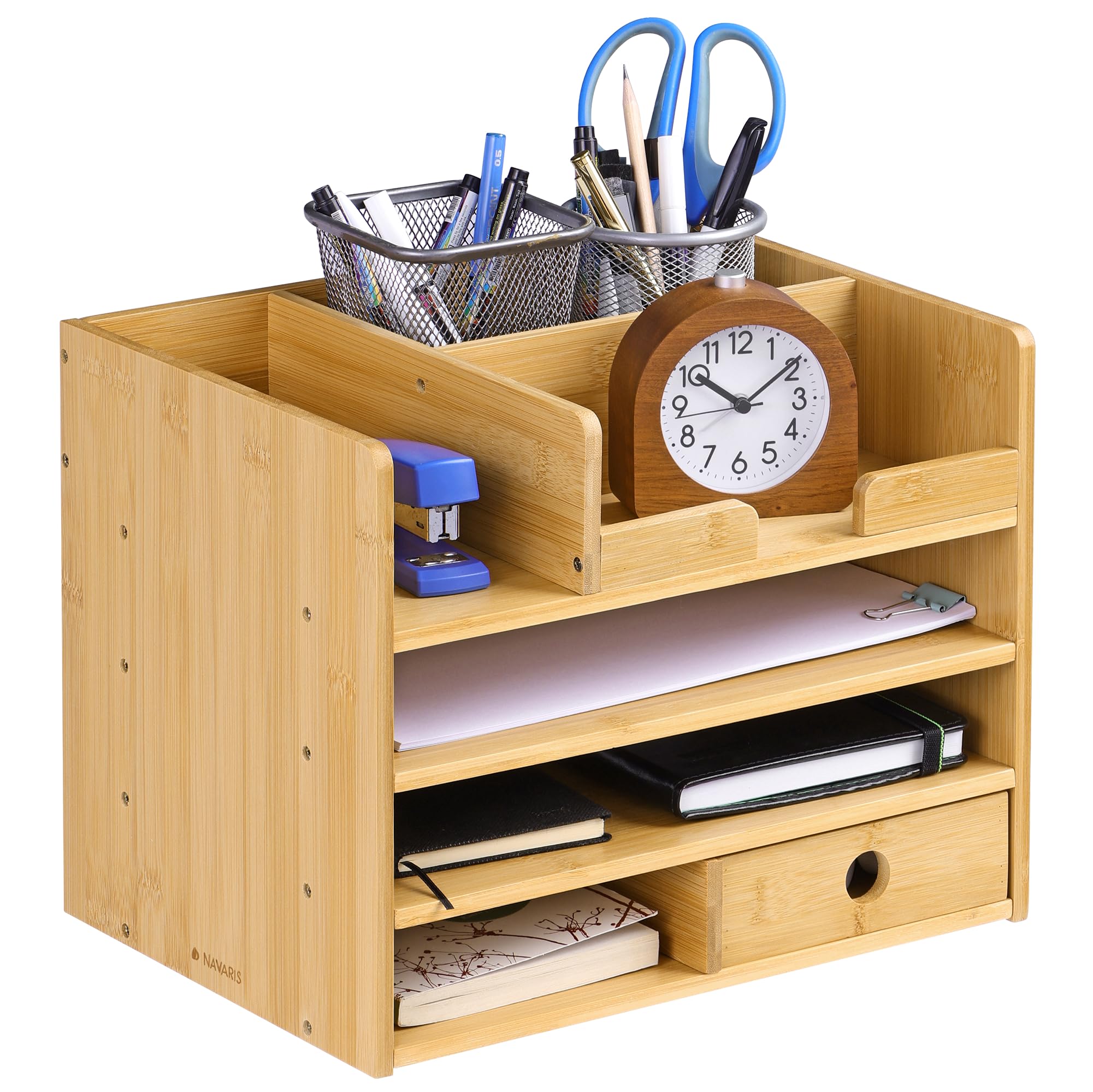 Navaris Bamboo Desk Organiser - Wooden Desktop Storage Drawers and Compartments for Organising Stationery, Documents, Files, Office Accessories