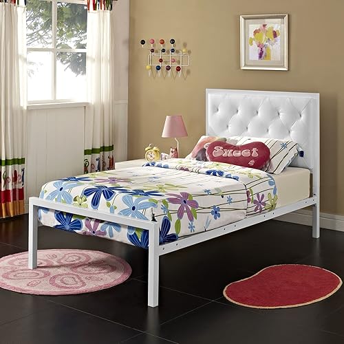Miniatura 10 de Modway Mia - Base de cama de piel sintética copetuda, tamaño individual, color blanco y blanco