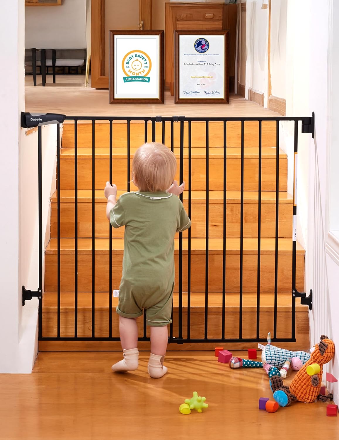 Babelio Baby Gate for Stairs & Doorways, 26-43" W 34" H Extra Tall| No Bottom Bar| Easy Installation| One-handed Operation| Auto-close| Hardware Mount (Drill Needed) Safety Dog/Pet Gate Indoor (Black) Black - B17 26-43" W, 34" H
