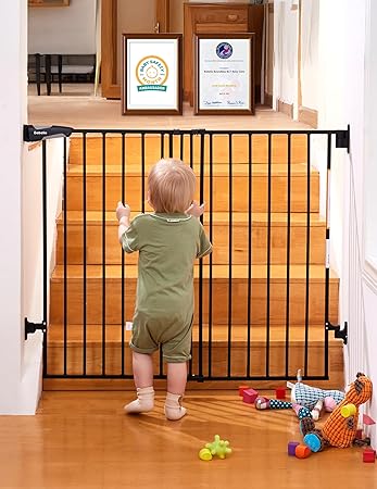 Babelio Baby Gate for Stairs, Kitchen & Doorways, 26-41" W 34" H Extra Tall| No Bottom Bar| Easy Installation| One-Handed Operation| Auto-Close| Hardware Mount Safety Dog/Pet Gate Indoor (Black)