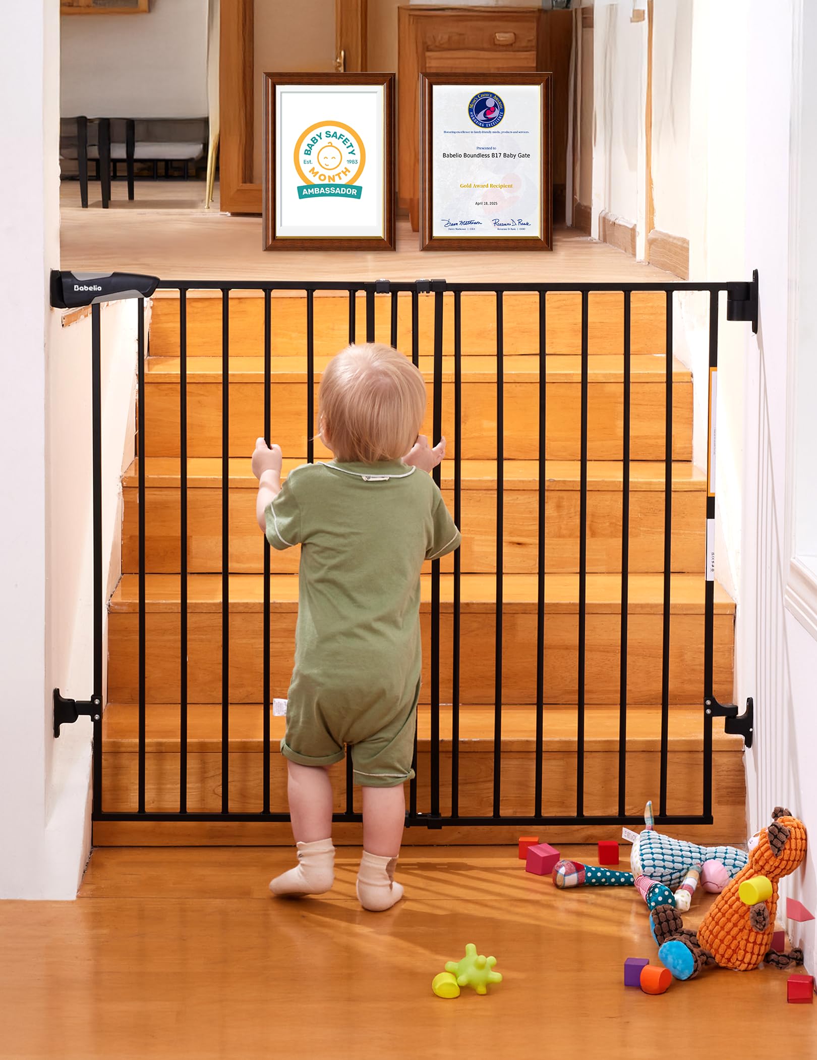 Babelio Baby Gate for Stairs & Doorways, 26-43" W 34" H Extra Tall| No Bottom Bar| Easy Installation| One-handed Operation| Auto-close| Hardware Mount (Drill Needed) Safety Dog/Pet Gate Indoor (Black)