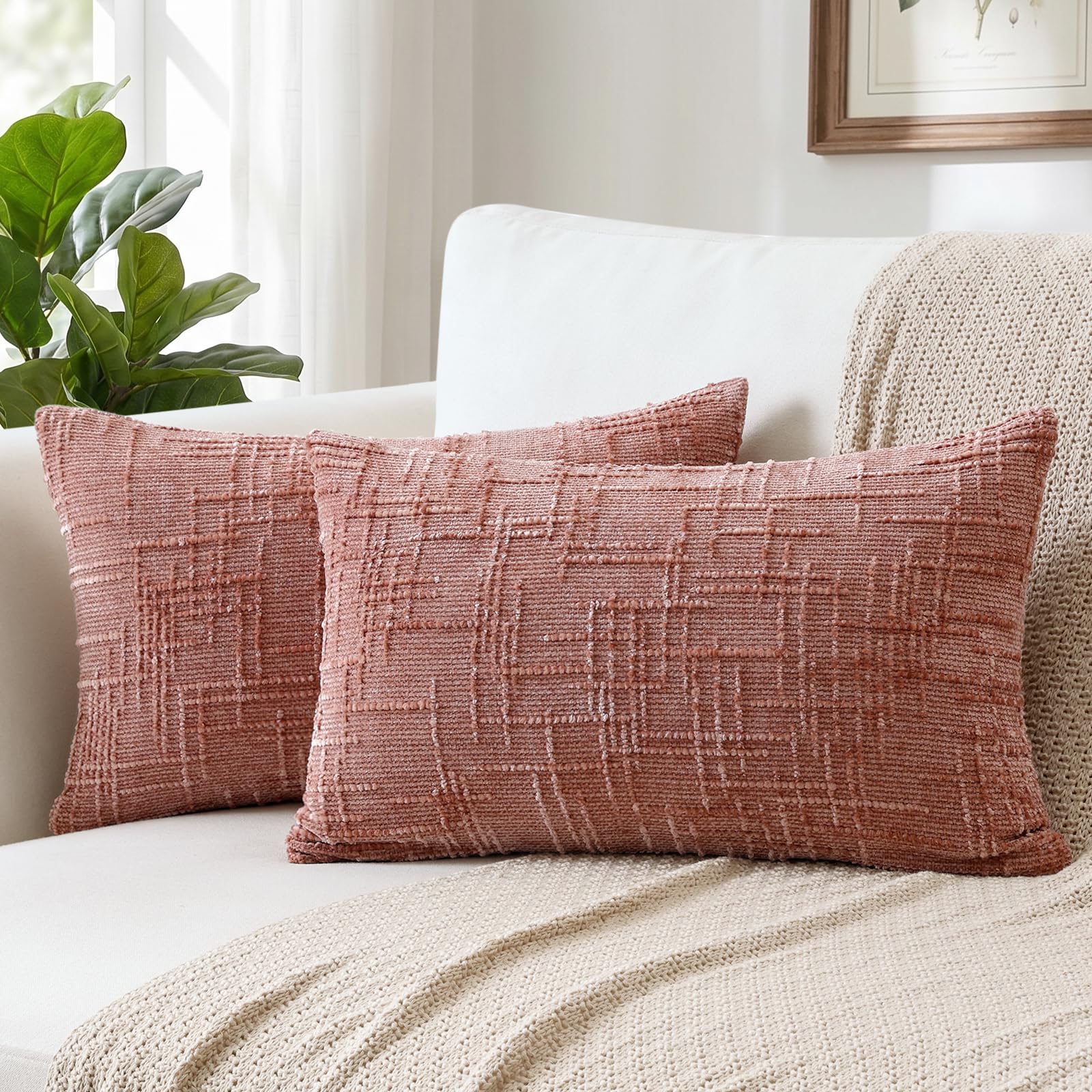 Sungeek Pack of 2 Chenille Textured Cushion Covers 30x50cm, Farmhouse Solid Dyed Throw Pillow Case Cover, Decorative Lumbar Cushion Case for Home Decor Couch Sofa Bed Living Room, Pink โ image 1