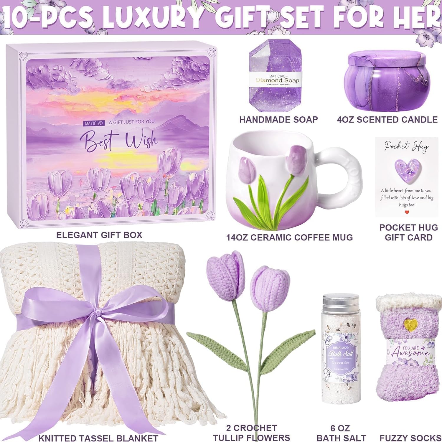 Birthday Gifts for Women Self Care Set Get Well Soon Gift Baskets, Relaxing Lavender Spa Gift Basket Care Package for Women, Unique Easter Gifts for Mom Her Girlfriend Sister Best Friends Wife