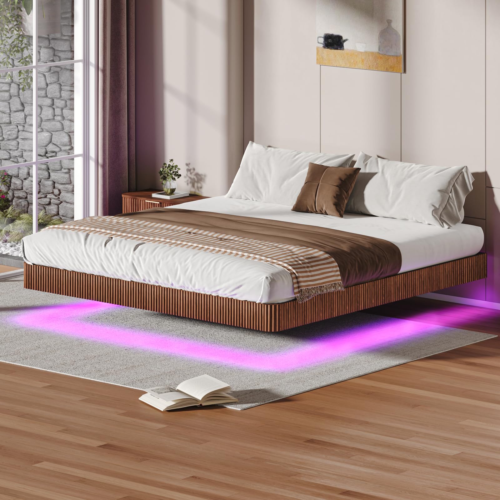 Foating Bed Frame King Size with LED Lights Walnut Wood Queen Size Platform with Heavy Duty Metal Slats