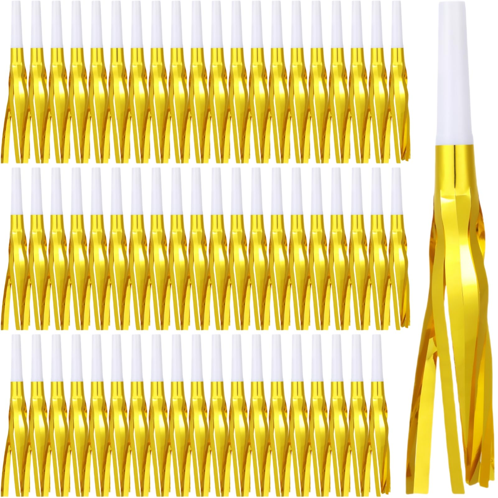 LCPQMZGH 60 Pcs Gold Noise Makers, Metallic Fringed Noise Makers for New Year Party Favor Supplies (Gold White)
