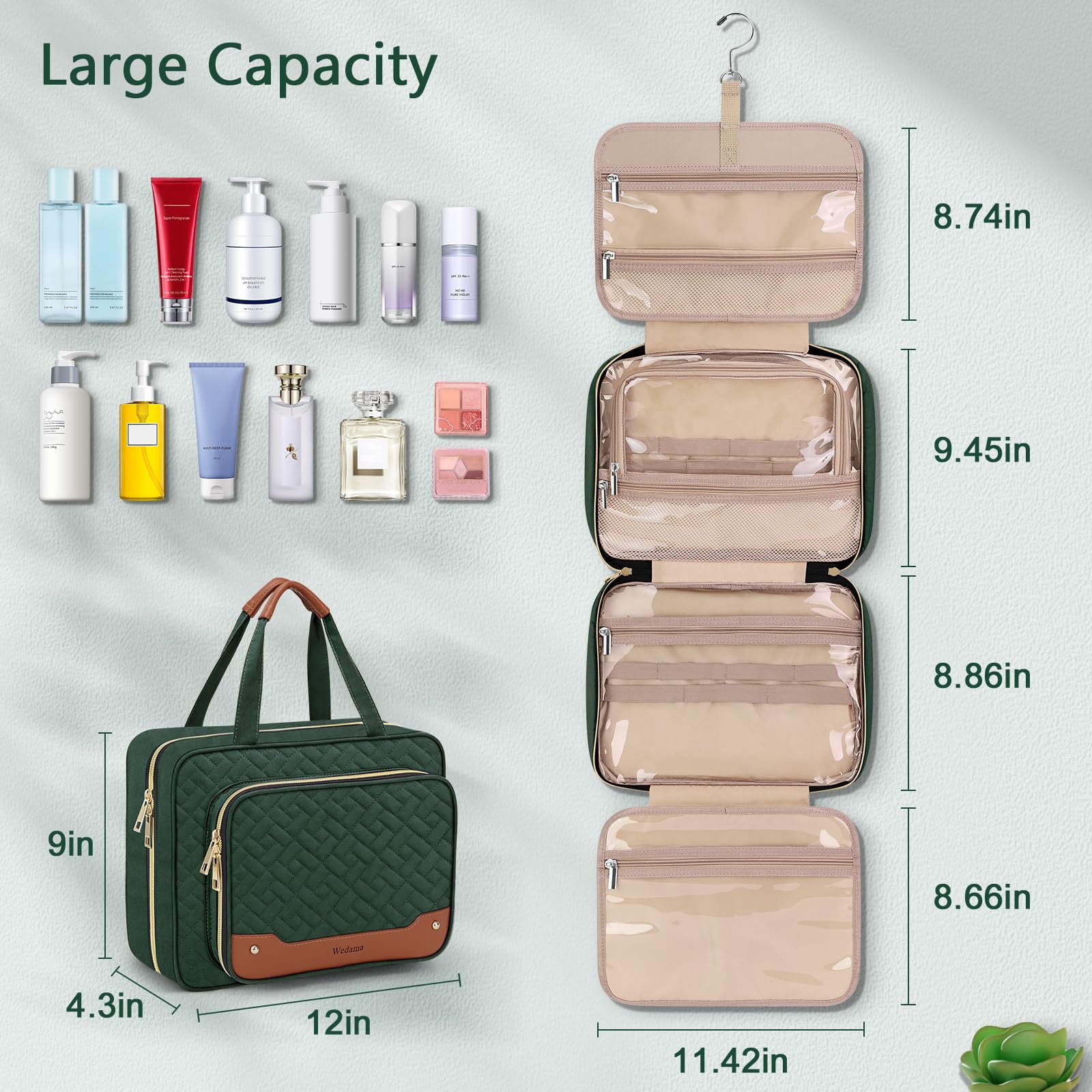 Wedama Borsa da toilette da donna, borsa da viaggio da appendere con scomparto organizer per gioielli, borsa per il trucco, in PVC, impermeabile, borsa da viaggio per viaggi, campeggio, bagno, Verde