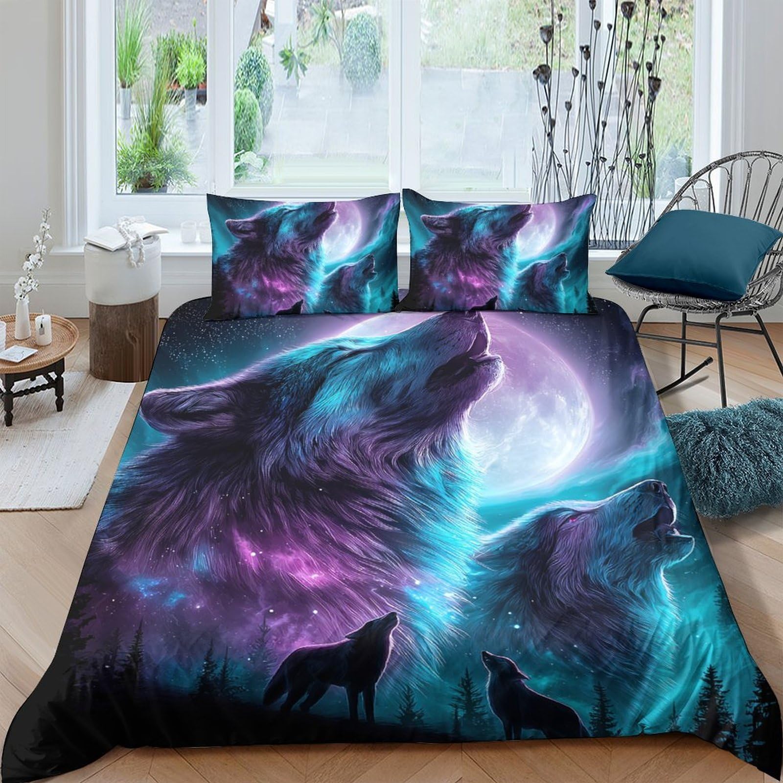 P5V6M1Q9 3D Printed Wolf Moon Duvet Cover Microfiber Soft Breathable Galaxy Aurora Bedding Set with 2 Pillowcases for Bedroom Decor 120x200cm Single（135x200cm）