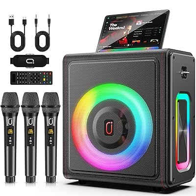 Karaoke Machine with 3 Wireless Mics | Bluetooth 5.3 Speaker with Echo Adjustment & Auto Pitch Correction | PA System with RGB Lights, Supports TV/TF Card/USB/AUX/Live/REC for Home Parties