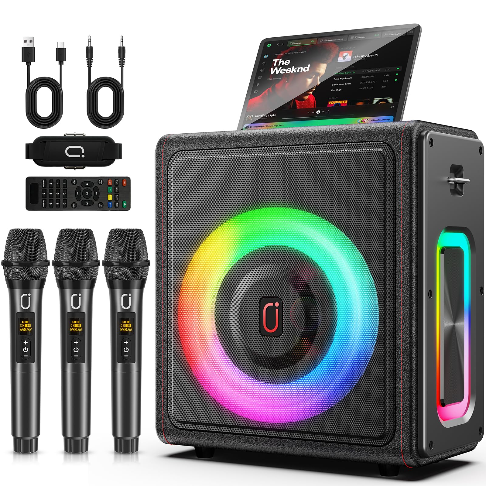 Karaoke Machine, Portable Bluetooth 5.3 Speaker with 3 Wireless Microphones for Adults, PA System with Pitch Correction &amp; Echo Adjustment, Supports TWS/TF Card/USB/AUX/Live for Home Party (3MICS)