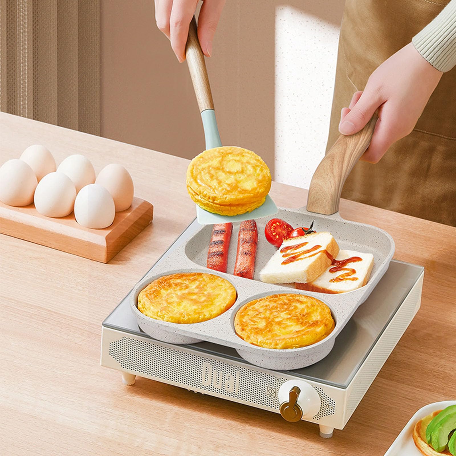 Padella antiaderente per uova da colazione a 3 sezioni, per pasti veloci al mattino, con manico ergonomico resistente al calore